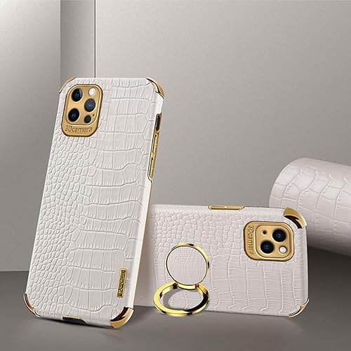 aowner Funda para iPhone 15 Pro con soporte de anillo de 360 , funda de cuero con patrón de cocodrilo de lujo, parachoques dorado, a prueba de