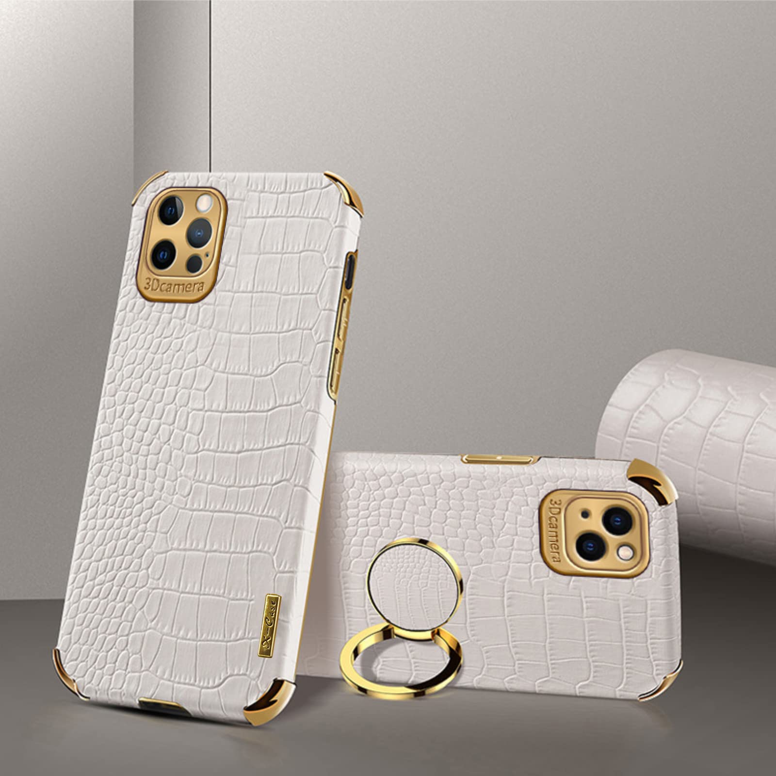 aowner for iPhone 15 Case with 360°Ring Holder Luxury Crocodile Pattern Leather Cover Gold Bumper Shockproof Slim Kickstand Women Men Classic Protective Phone Case for iPhone 15-6.1", Beige
