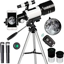 Telescópio para adultos e crianças, refrator de abertura de 70 mm (15X-150X), telescópio portátil de viagem com adaptador de telefone e controle remoto sem fio, presentes para iniciantes em astronomia