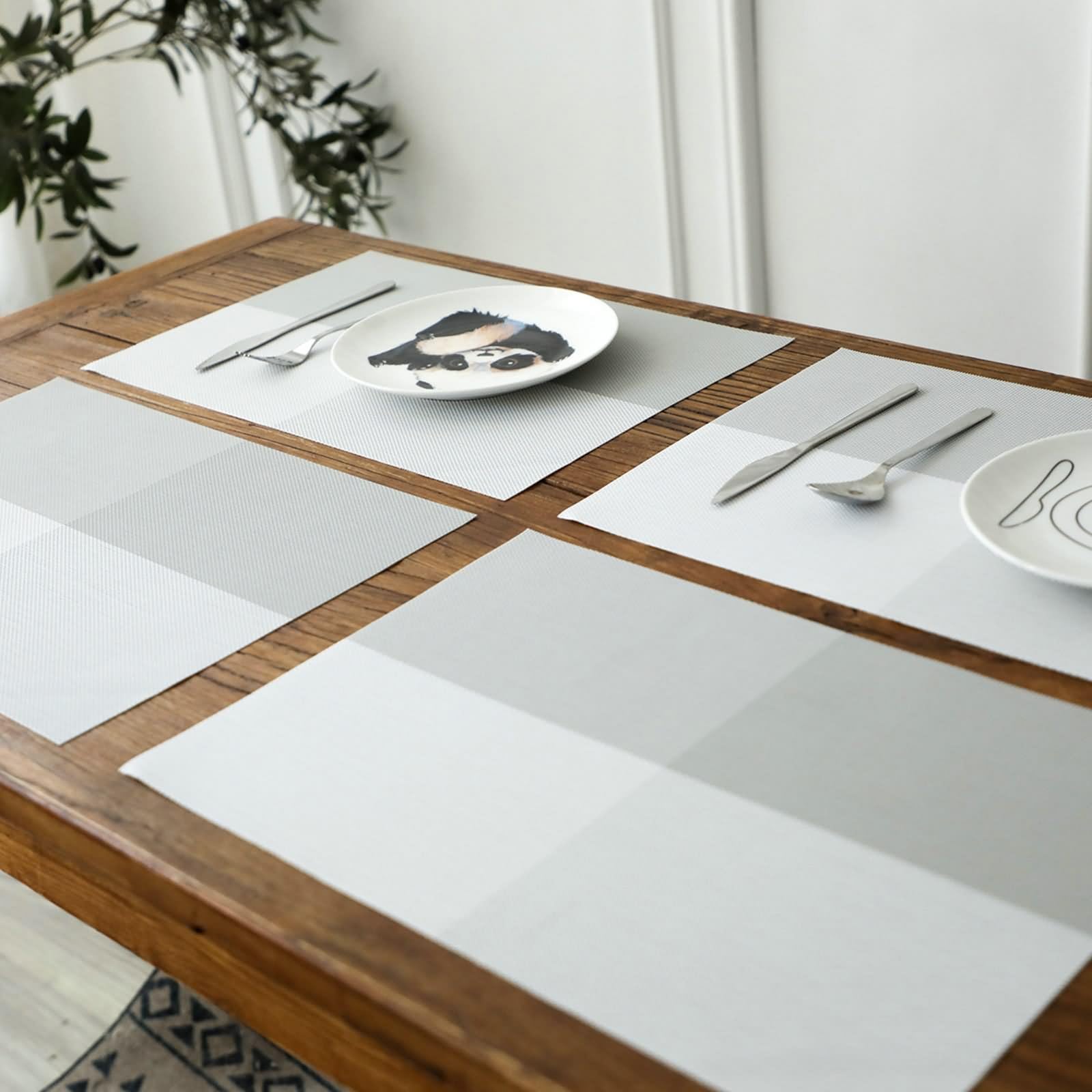 Tischset XXL 6er Set, Tischunterlage Esstisch PVC 45x30cm mit Gittermuster Grau Weiß