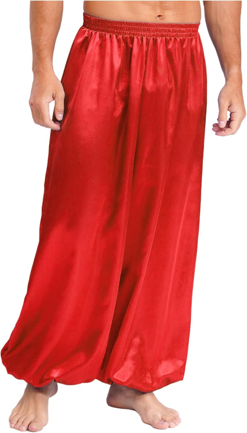 Men Belly Dance Pants Casual Loose Solid Color Elastic Waistband Satin Bloomers Performance