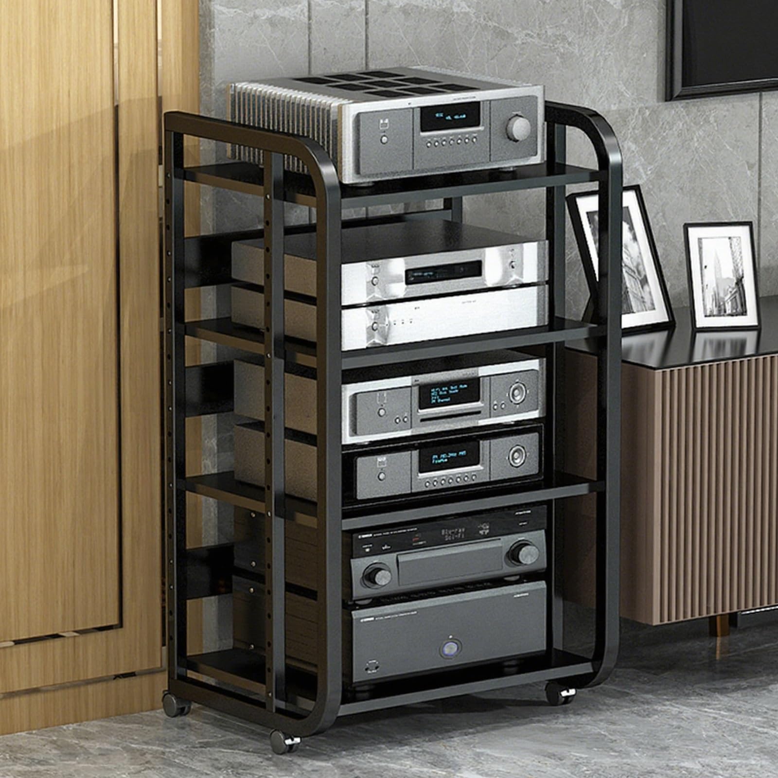 Support multimédia réglable noir de 90 cm pour amplificateur Hi-Fi et console