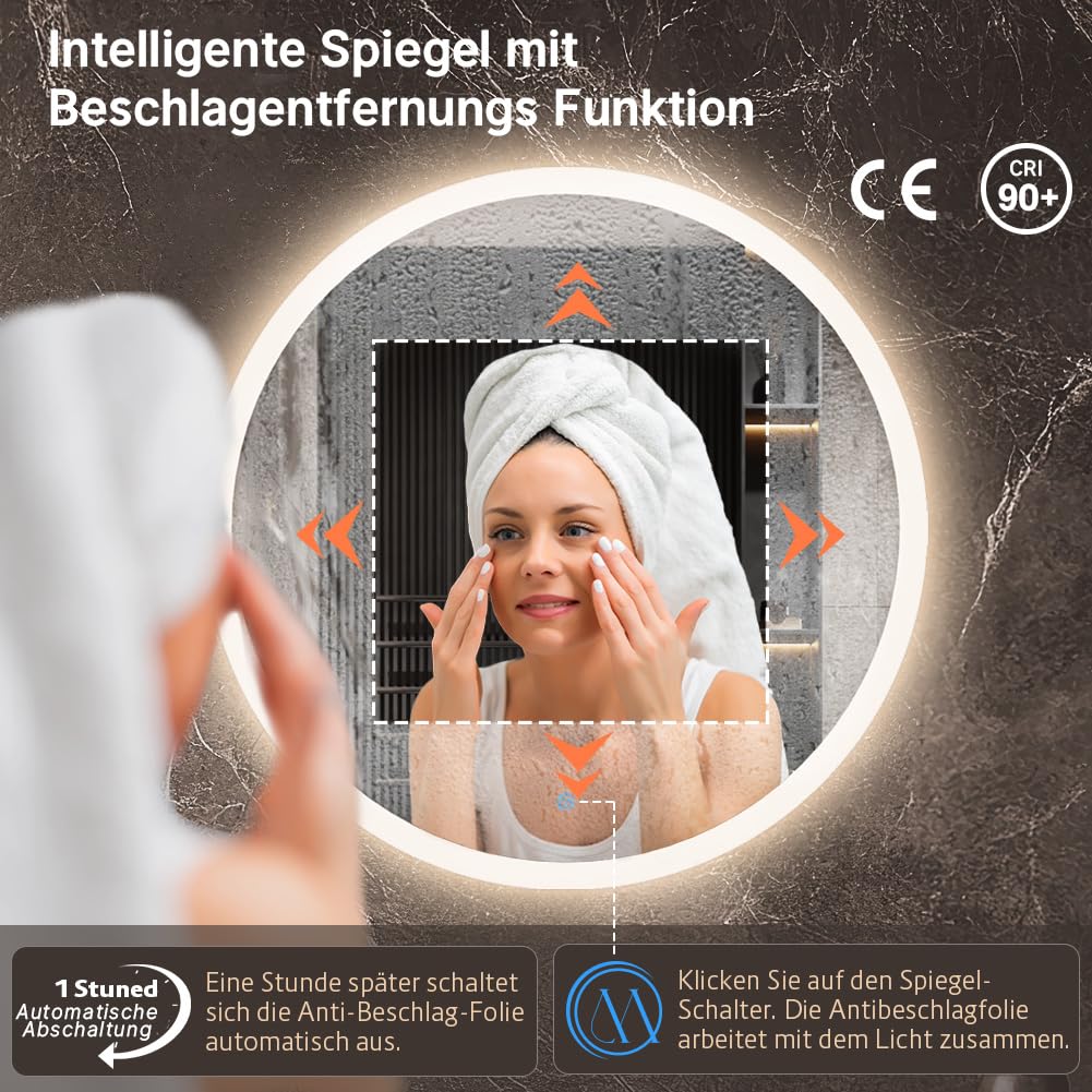80cm Runder Badspiegel mit Beleuchtung, 3D Edge Lighting, 3 Farbtemperaturen, Dimmbar, Badezimmerspiegel mit Beleuchtung, Entfogging, Speicherfunktion, Modernes Design, HD, Touch-Schalter