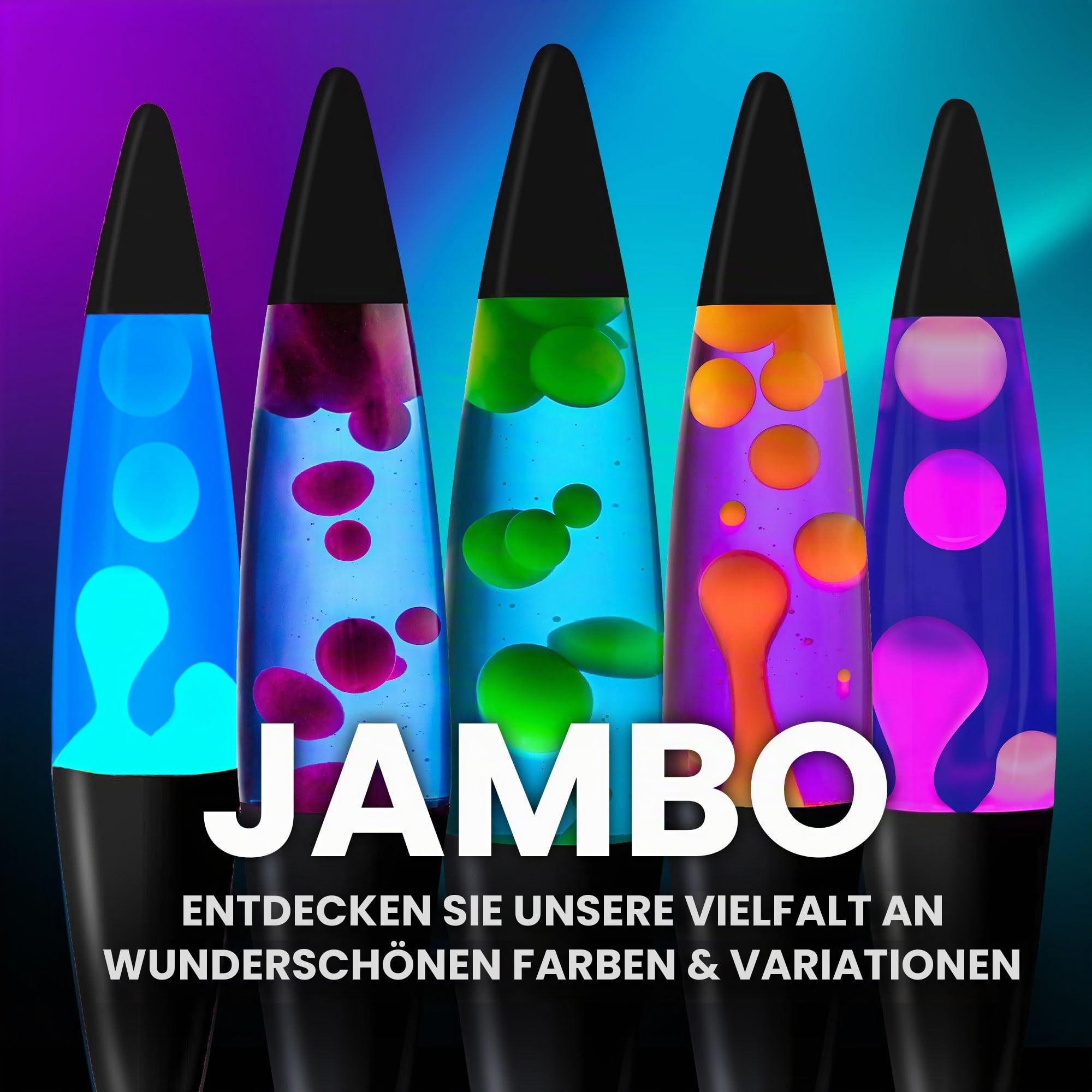 Jambo Liquid-Motion-Lampe mit schwarzem Sockel (Black Base, Blue Liquid, Yellow Wax, 16")