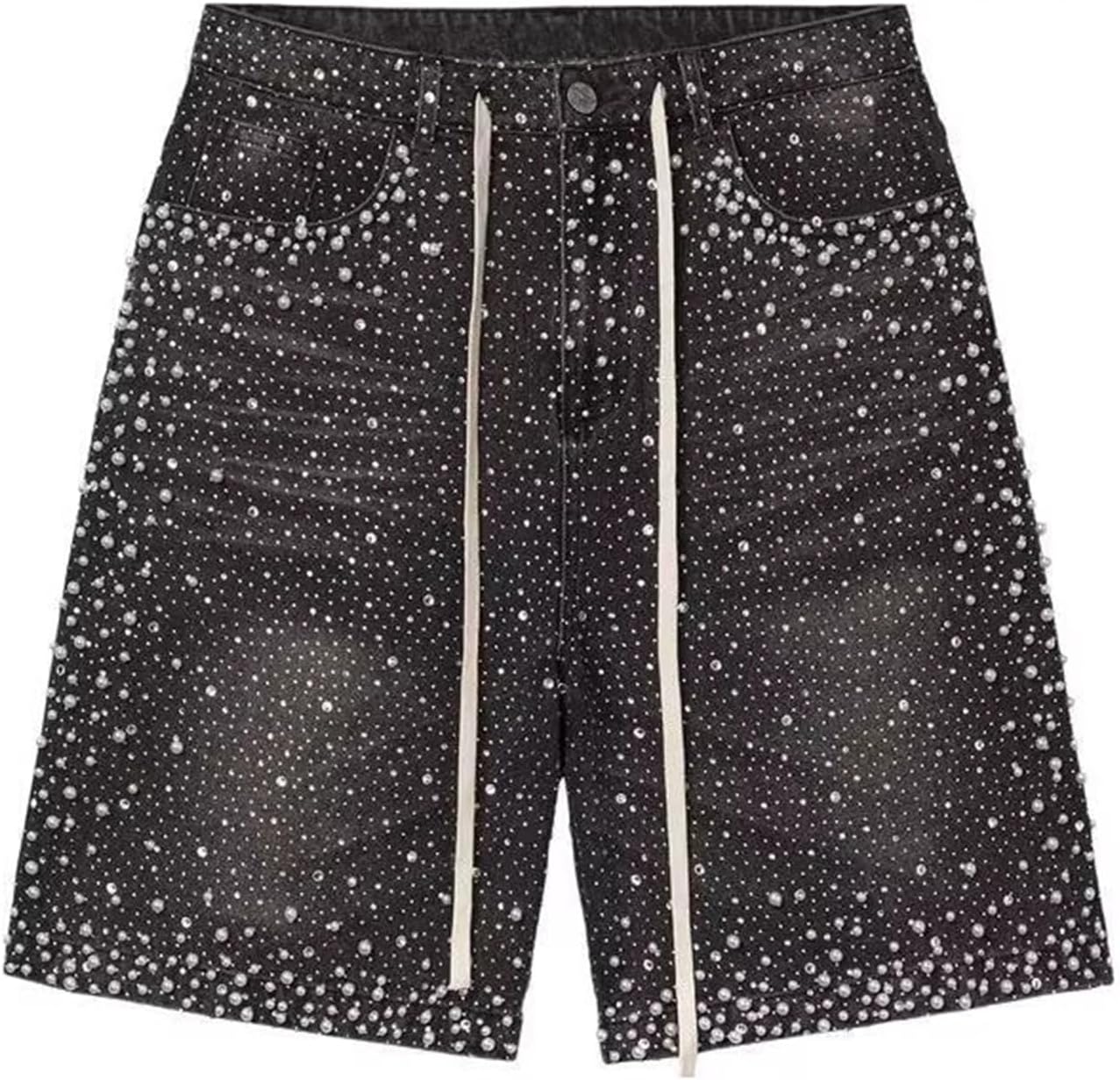 Rhinestone Shorts Men Y2K Glitter Baggy Rhinestone Jeans Sorts Drawstring Shiny Party Wide Leg Jorts Y2K Denim Shorts 2000S