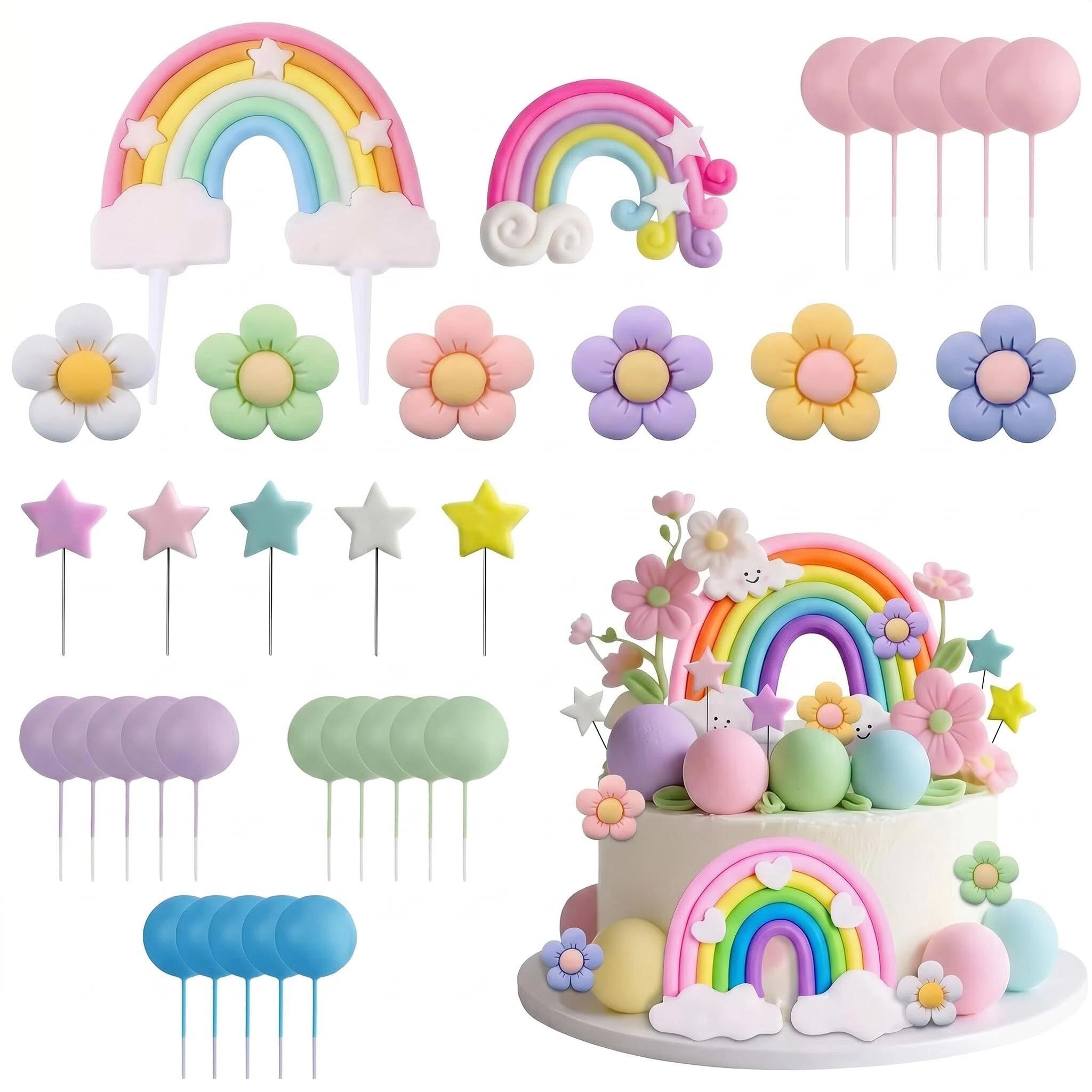 MIGIFTDY 38Pcs Rainbow Cake Topper Set, Rainbow Birthday Cake Decorations for Girls, Daisy Cake Decorations, Colorful Ball & Star Cake Topper Ornaments for Party Dessert Decor