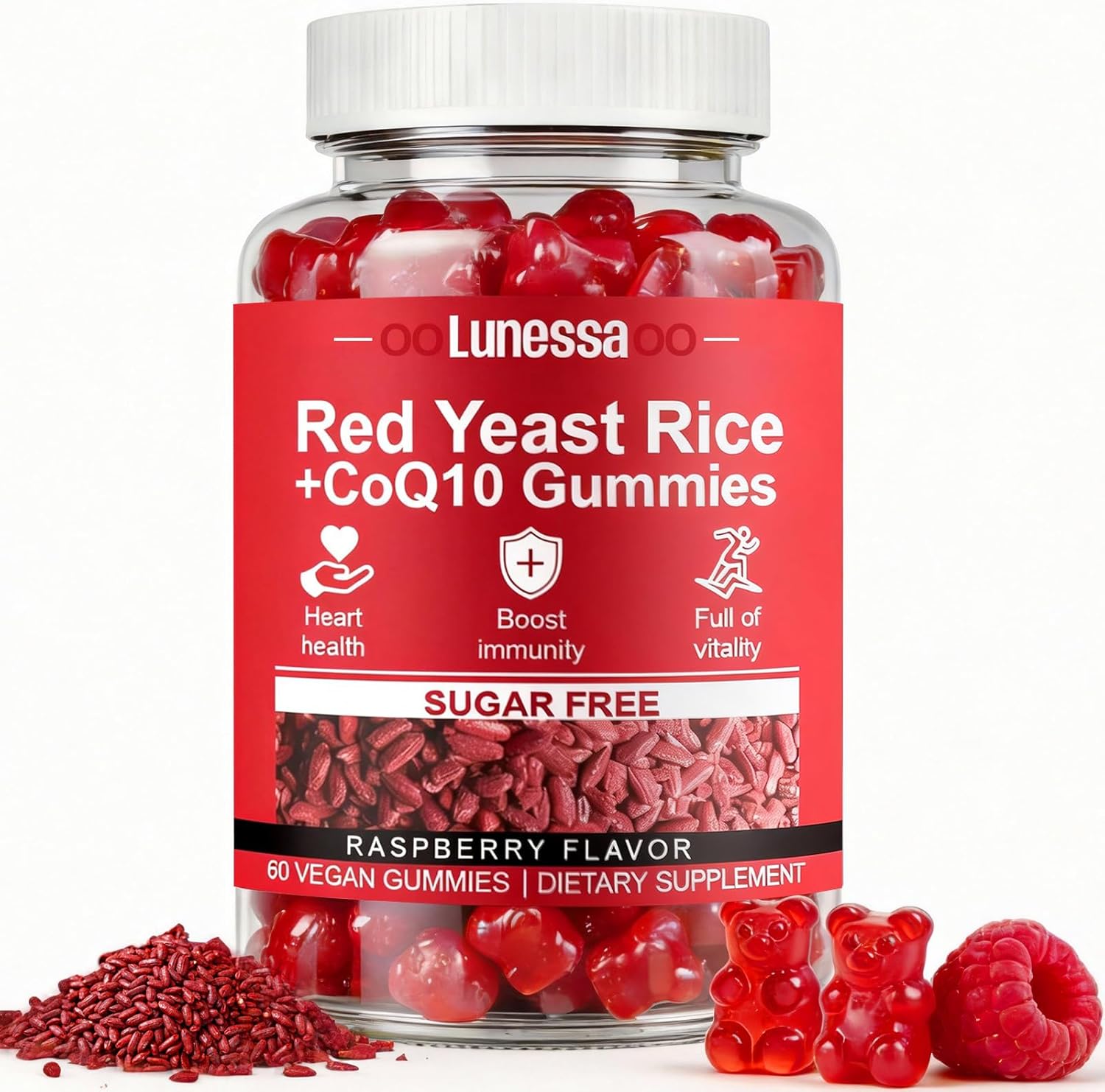 Lunessa Red Yeast Rice, with Red Yeast Rice 2400mg, CoQ10 200mg, Advanced Healthy Heart & Healthy Cholesterol Levels Formula for Men & Women, Raspberry Flavor, Non-GMO, 60 Gummies (1)
