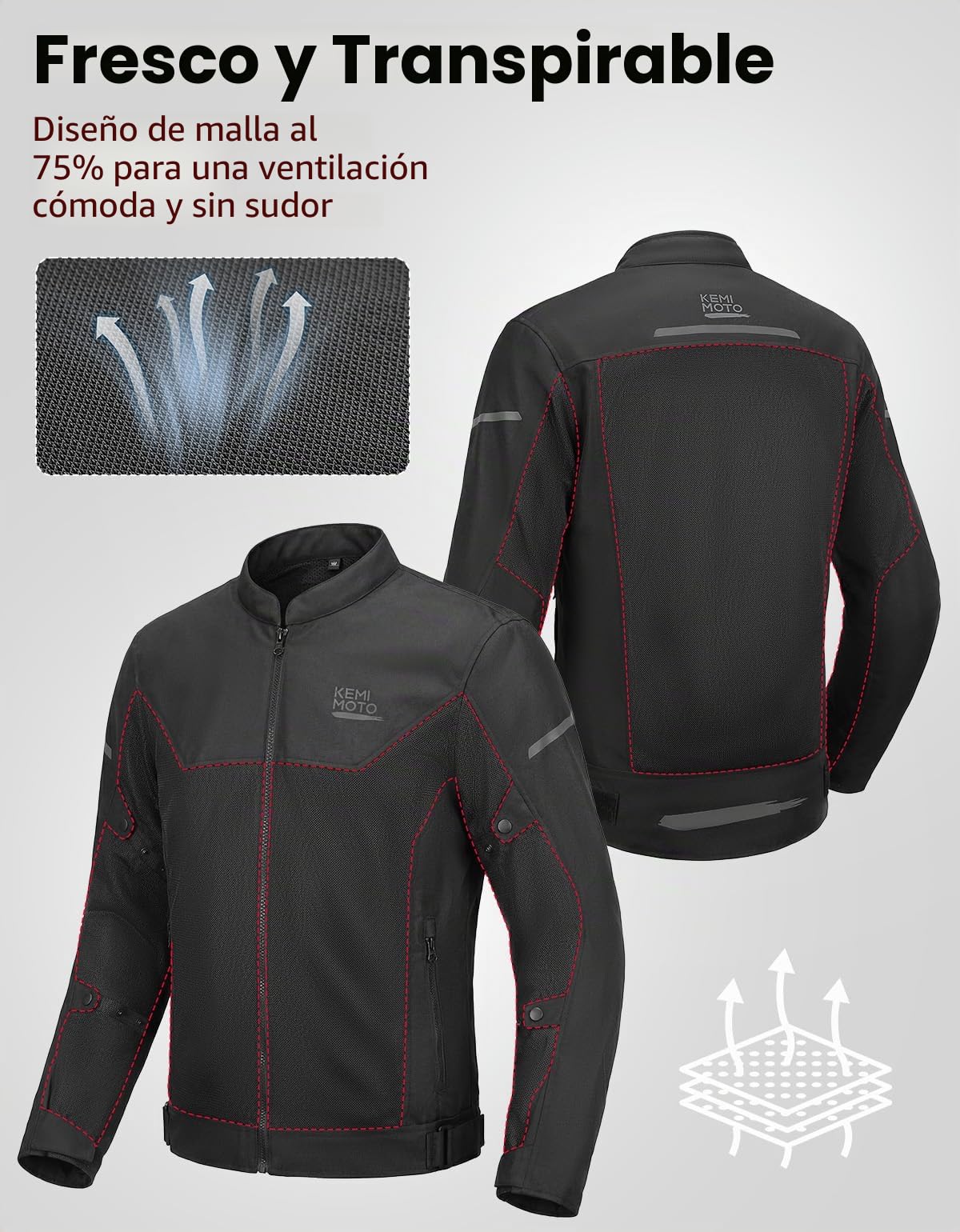KEMIMOTO Chaqueta de Moto Hombre, CE-Protectores, Espalda de EVA, Malla Transpirable Bandas Reflectantes, Ideal para Uso Diario, Viajes Largos Actividades al Aire Libre