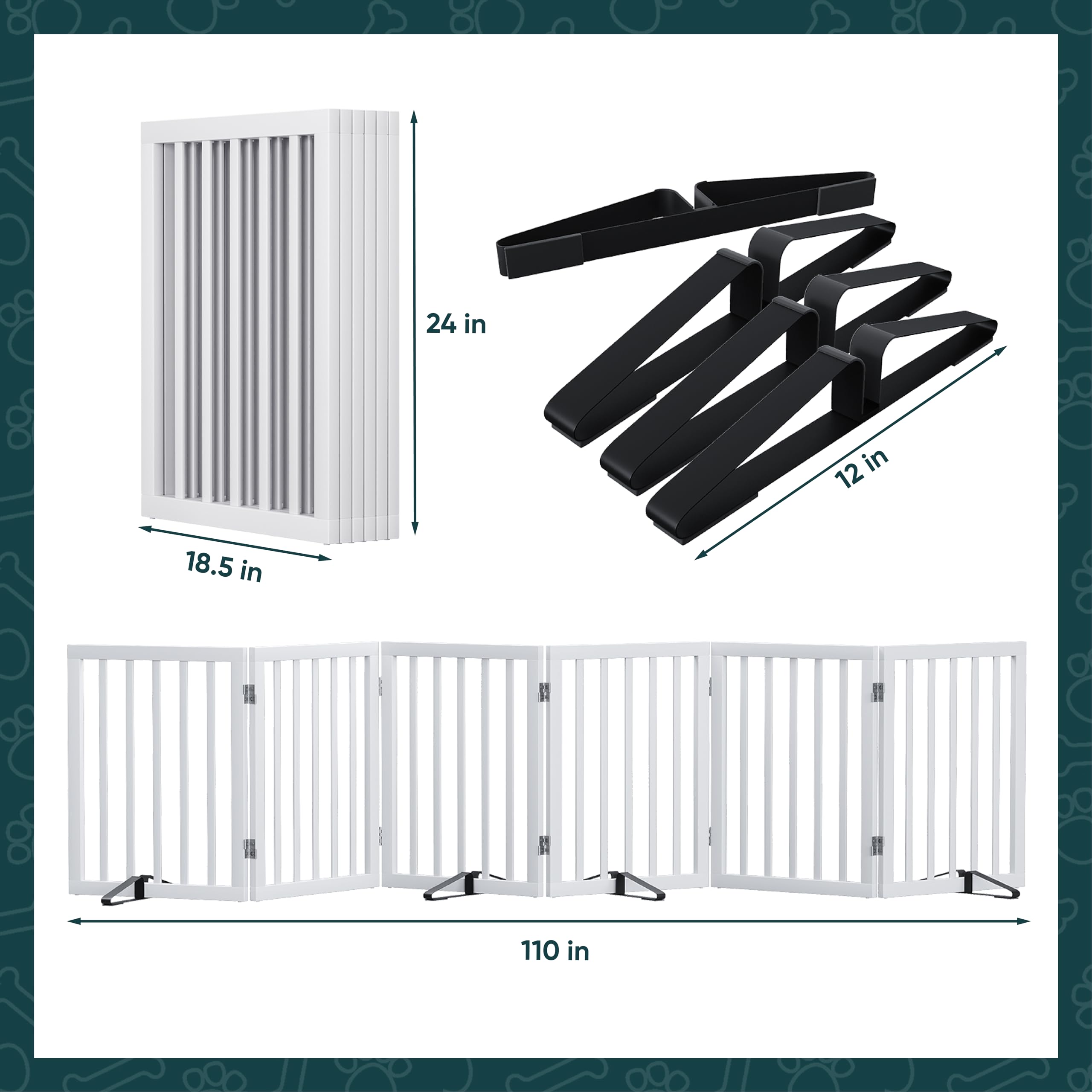 Semiocthome Puertas de madera para perros para la casa extra anchas, puertas independientes de 6 paneles para mascotas con 4 soportes de metal para puertas y escaleras, vallas plegables para perros de