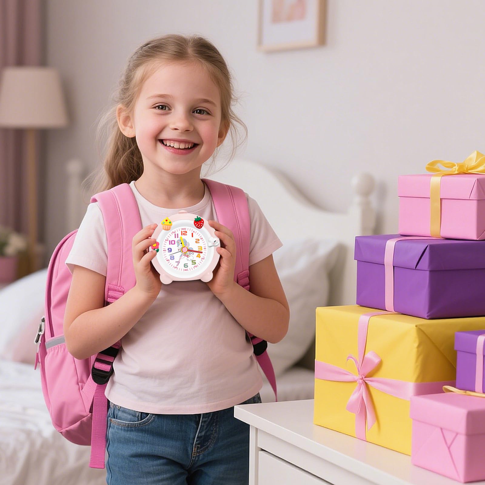 SOCICO Sveglia analogica per bambini ragazze, design unicorno, silenziosa, senza ticchettio, graziosa sveglia analogica pesca, con luce colorata, volume regolabile (rosa pallido)