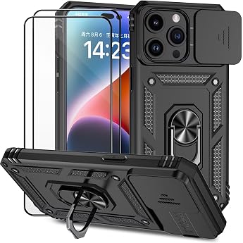 Case with Tempered Glass Screen Protector for iPhone 14 Pro Max 6.7 Inch Case with Camera Slider Case 360  Rotating Military Stand Shockproof Cover Black