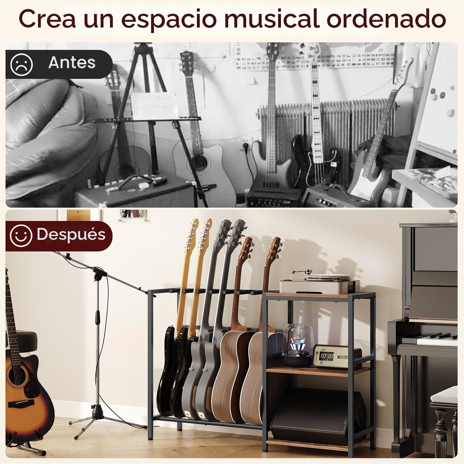 MAHANCRIS Soporte para guitarra, soporte de guitarra para instrumentos de 5 a 6 cuerdas, adecuado para guitarra acústica, bajo, estante de guitarra con estantes para tocadiscos, con almohadillas de