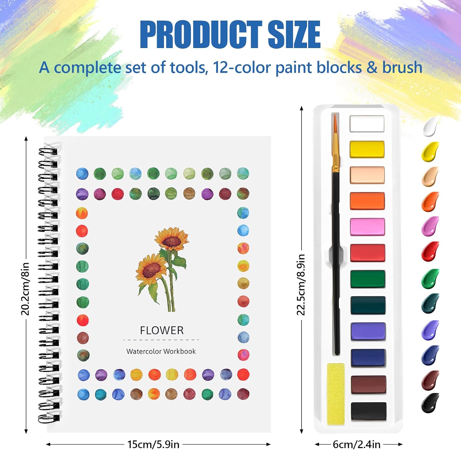 Watercolor Workbook for Beginners, Water Color Paint Book Set with Paints & Brush, 12 Beautiful Flower Patterns of Original DIY Designs, Relaxing & Creative & Joy Adult Coloring Books