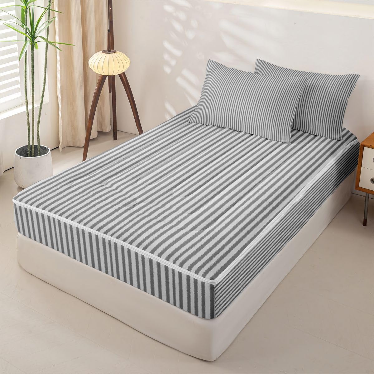 Erosebridal Striped Lines Grey Zippered Bedding Set Queen Modern Simple Style Comforter Set with Sheets Pinstripe Bed in a Bag Stripe Abstract Bedroom Decor