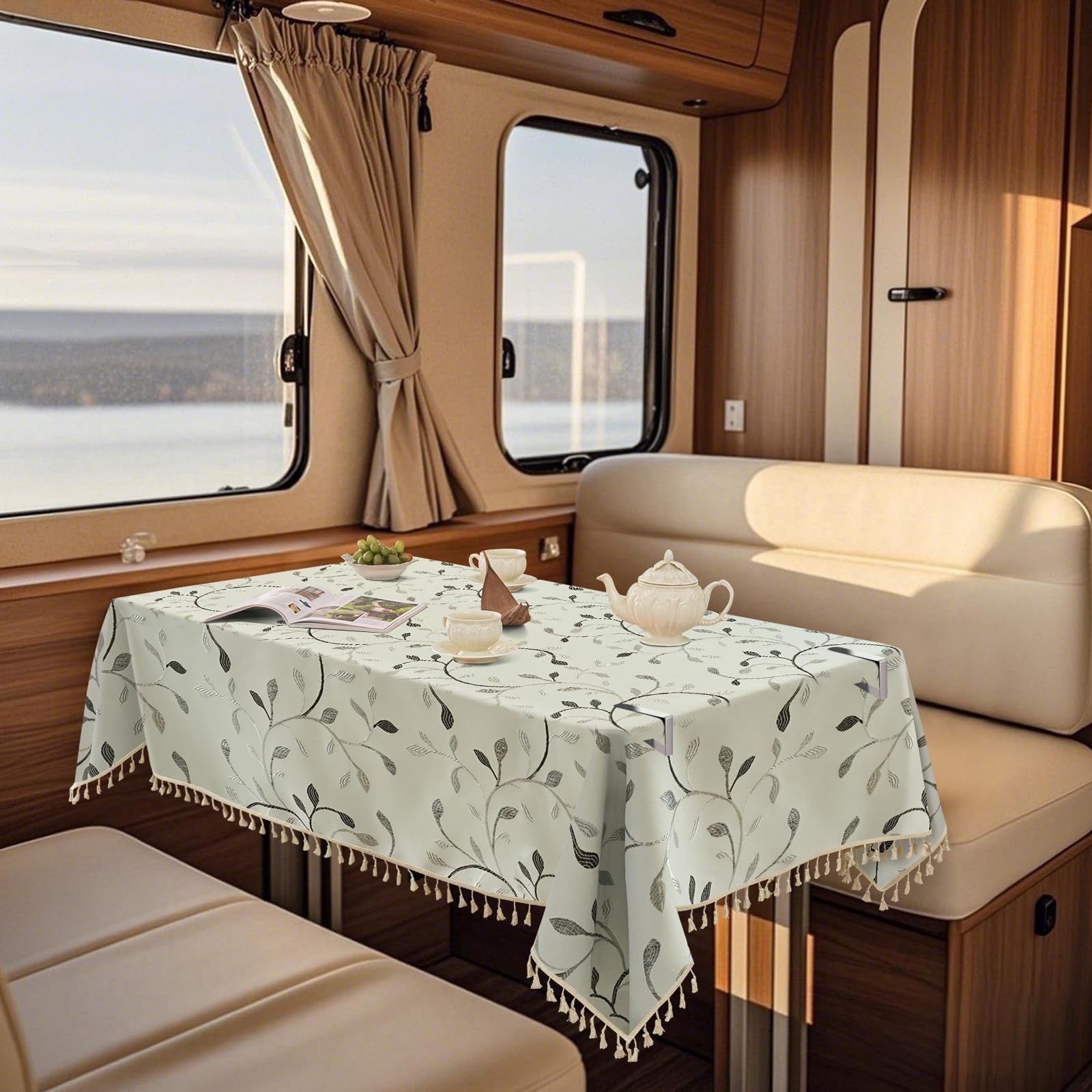 SYLC Waterproof Linen Tablecloth for Motorhome, Outdoor Table Cloth Rectangular with 6 Clips Non-slip, Wipeable Table Sheet for Dining/dinette (printed 18,140 cm × 180 cm)