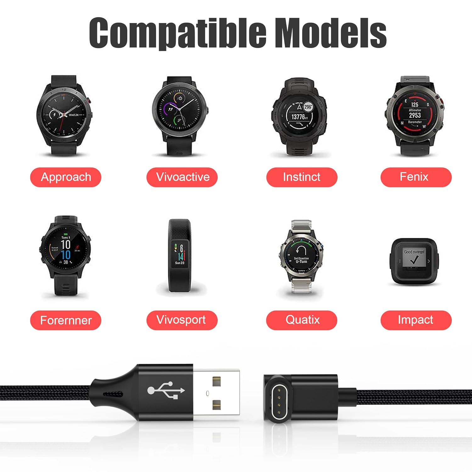 AGVEE 2 Pack 3.3ft Charger for Garmin Watch, L-Shape Charging Cable for Fenix, Forerunner, Vivoactive, Instinct, Venu, Tactix, Approach, D2, Quatix Series, Right Angle Braided, Black