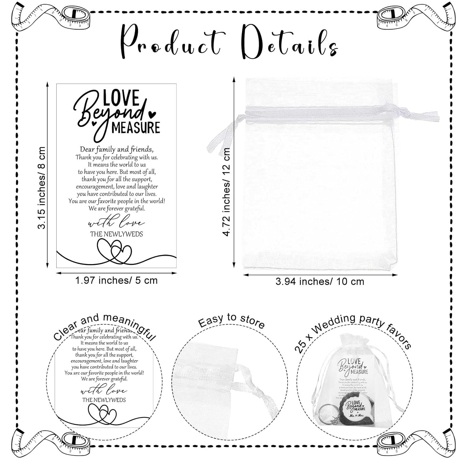 80 Sets Wedding Favors for Guests Tape Measure Keychains with Cards Gift Bags for Bridal Shower Wedding Party Souvenirs