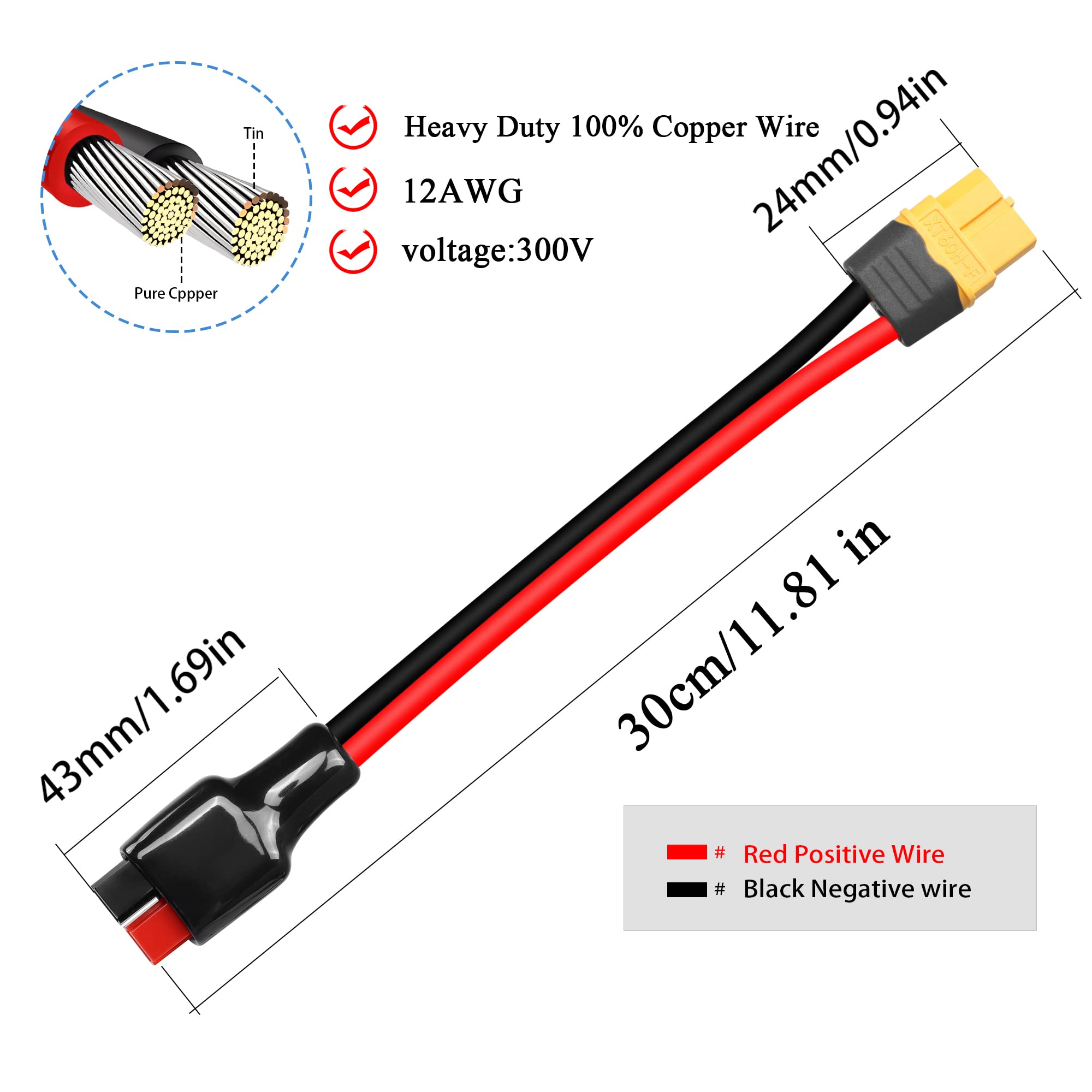 QIANRENON Cable Conector XT60 Macho A 45A (2 Unidades, 30cm) - Adaptador Para Panel Solar, Batería Litio Y Banco De Energía Portátil - Cable De Cobre 12 AWG, 360W