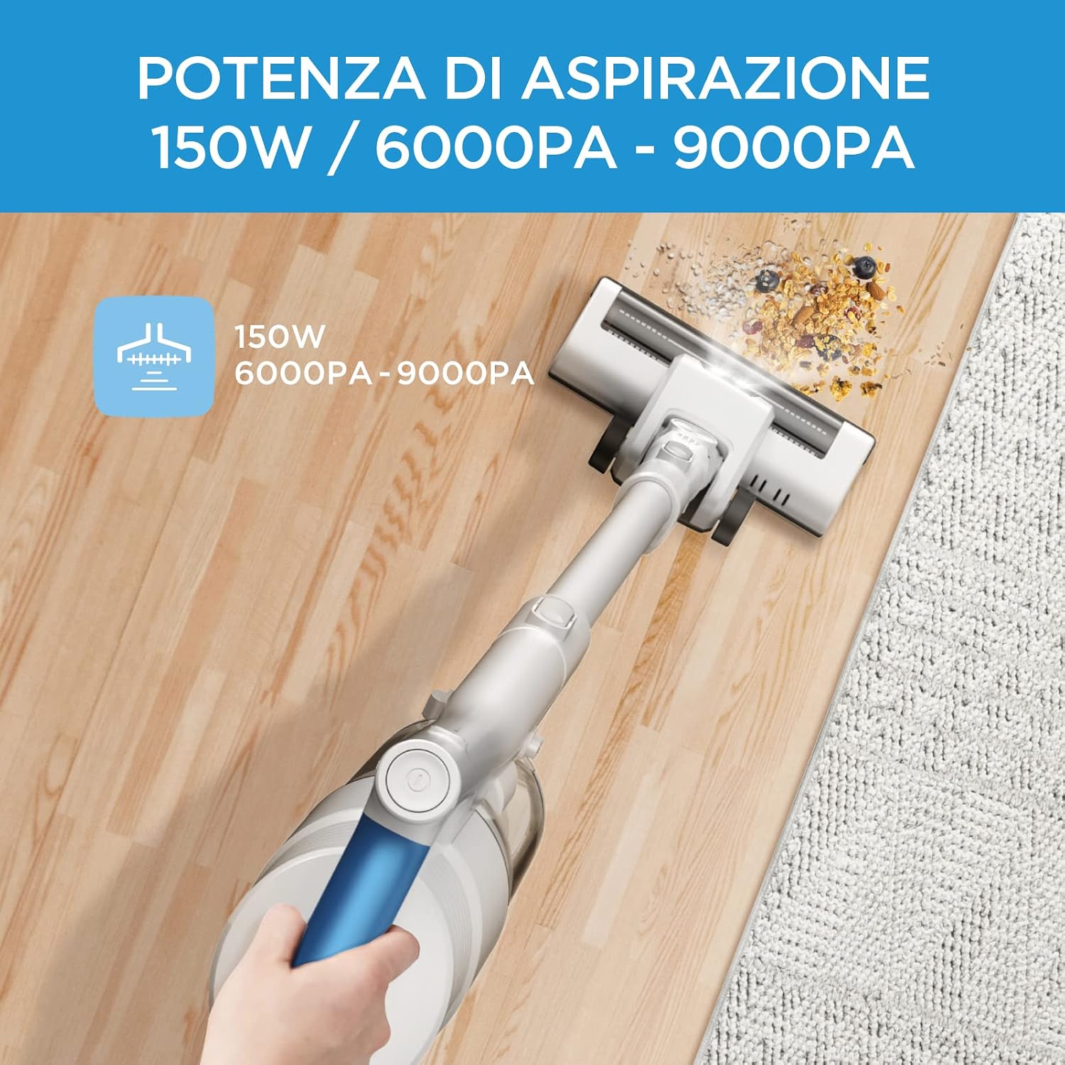 Person using the Midea MCS2021WB stick vacuum to clean a floor
