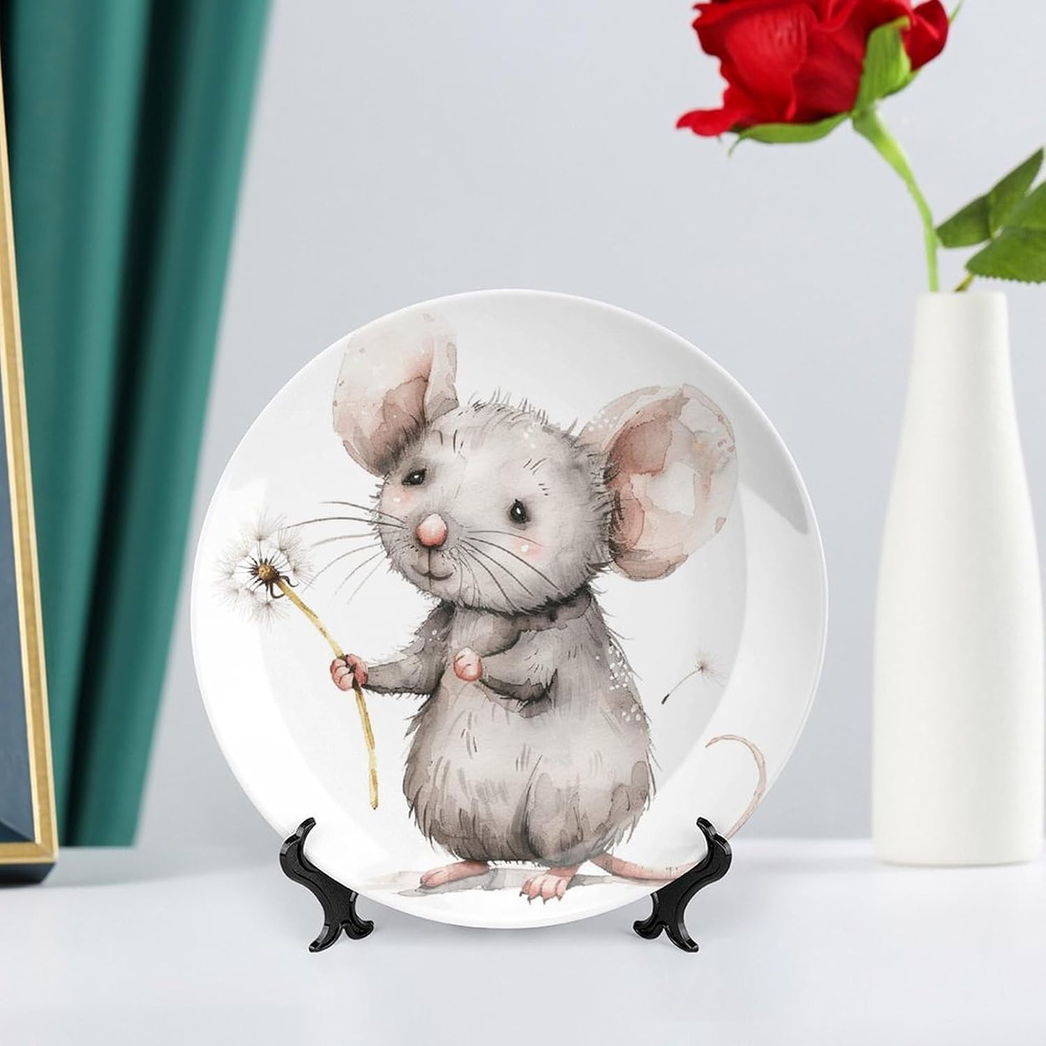 Holding Dandelion Bone China Decorative Plate with Display Stand, Ceramic Ornaments Plate for Wall Hanging, Personalized Porcelain Plates for Office, Living Room 8inch