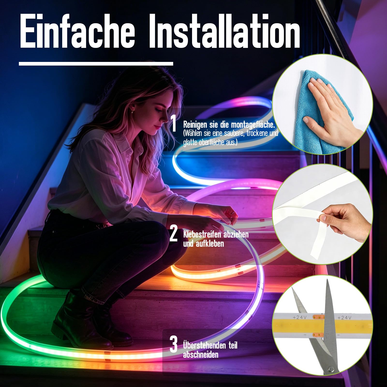 Taśma LED COB 24V 5M RGB z Pilotem Zdalnego Sterowania RF i Zasilaczem 576LED/m IP20 CRI90+ Elastyczna Samoprzylepna Taśma LED do Kuchnia Domu Lustra Podświetlenie TV DIY Deko