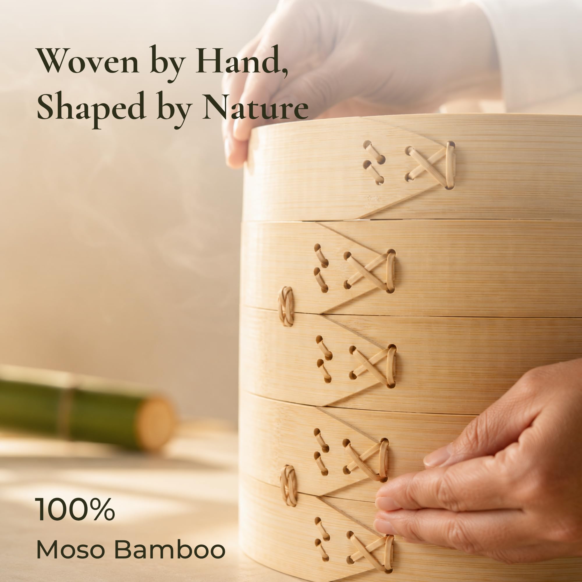 HAPPi STUDIO Bamboo Steamer Basket 10 inch and 304 Stainless Steel Steamer Ring Set - 100% Natural Handmade 2-Tier Dumpling Steamer for Cooking Dim sum, Bao Bun - Cotton Liners Included - Extra Deep