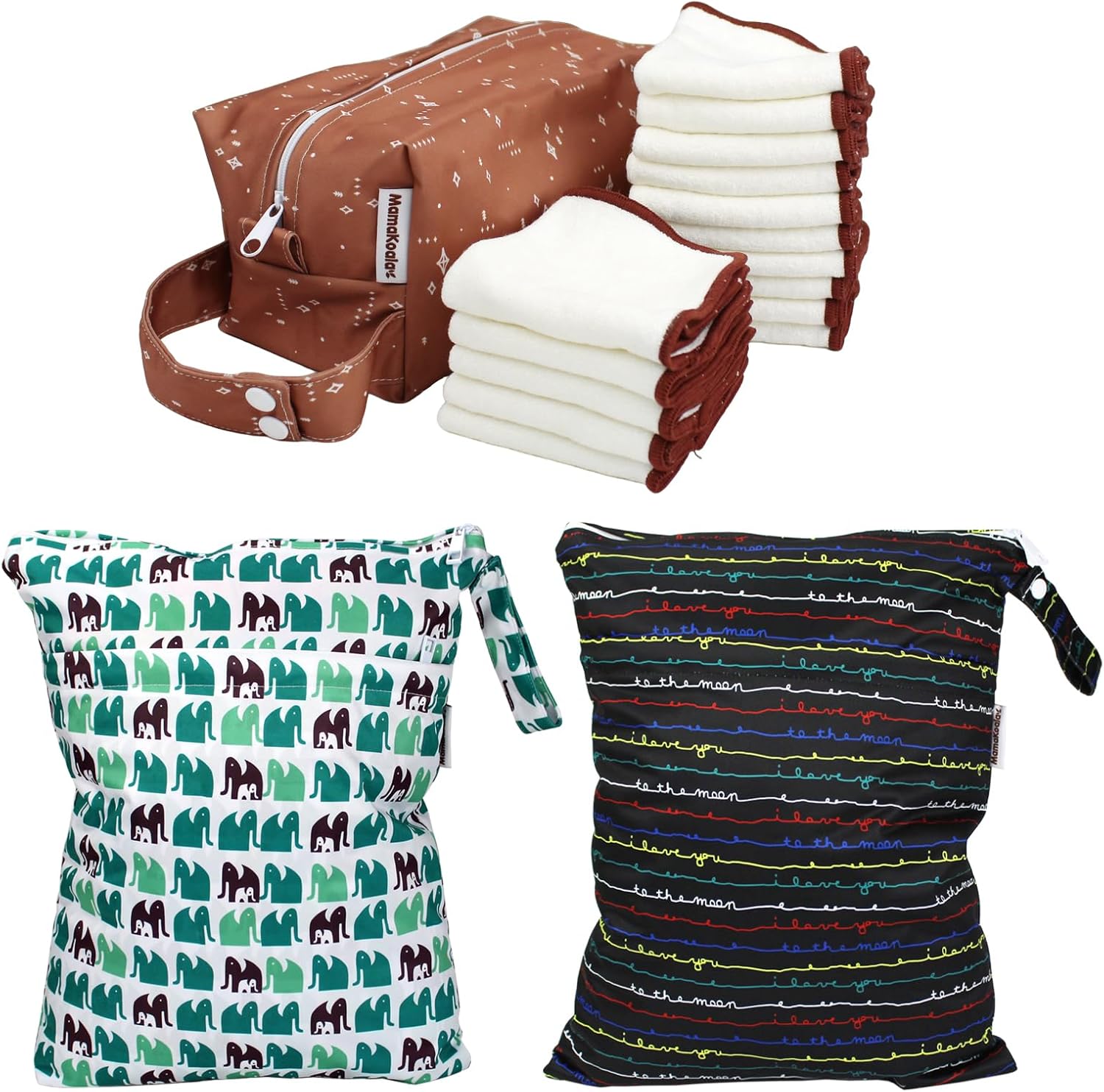 Mama Koala 2 Pack Waterproof Wet Dry Bags,with 15 Pack Washable cloth diaper wipes & 1ps of Waterproof pod