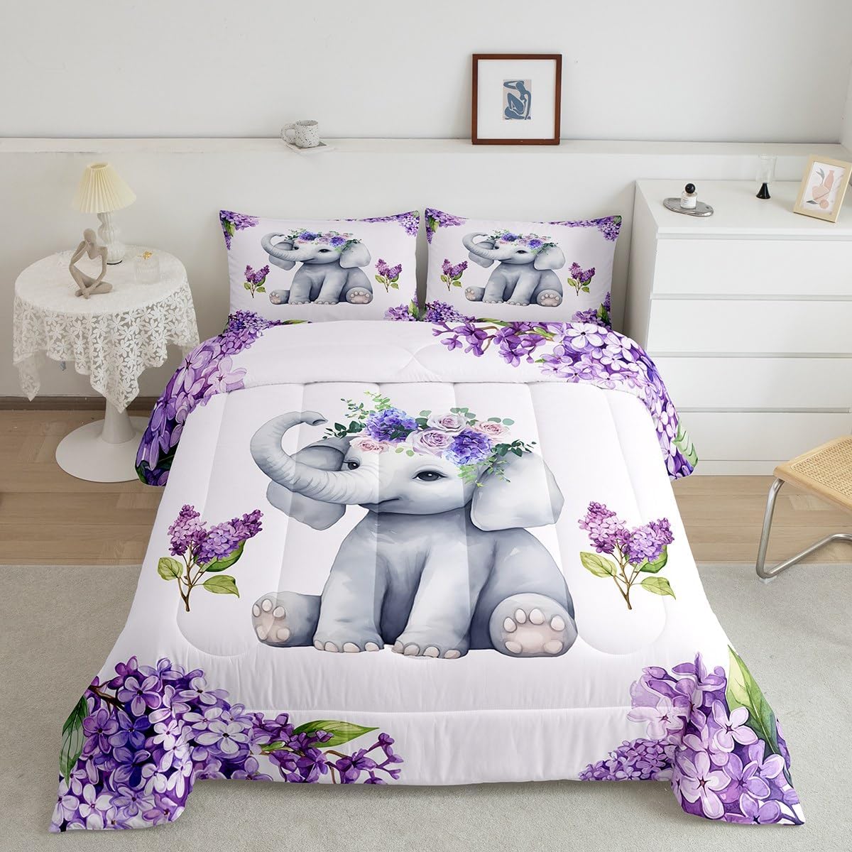 Cute Elephant Kids Comforter Set Full Size,Purple Lavender Flowers Rustic Romantic Bedding Set,Girls Boys Adults Room Decor,Cartoon Wild Animals Down Comforter,Lovely Duvet Insert,2 Pillowcases