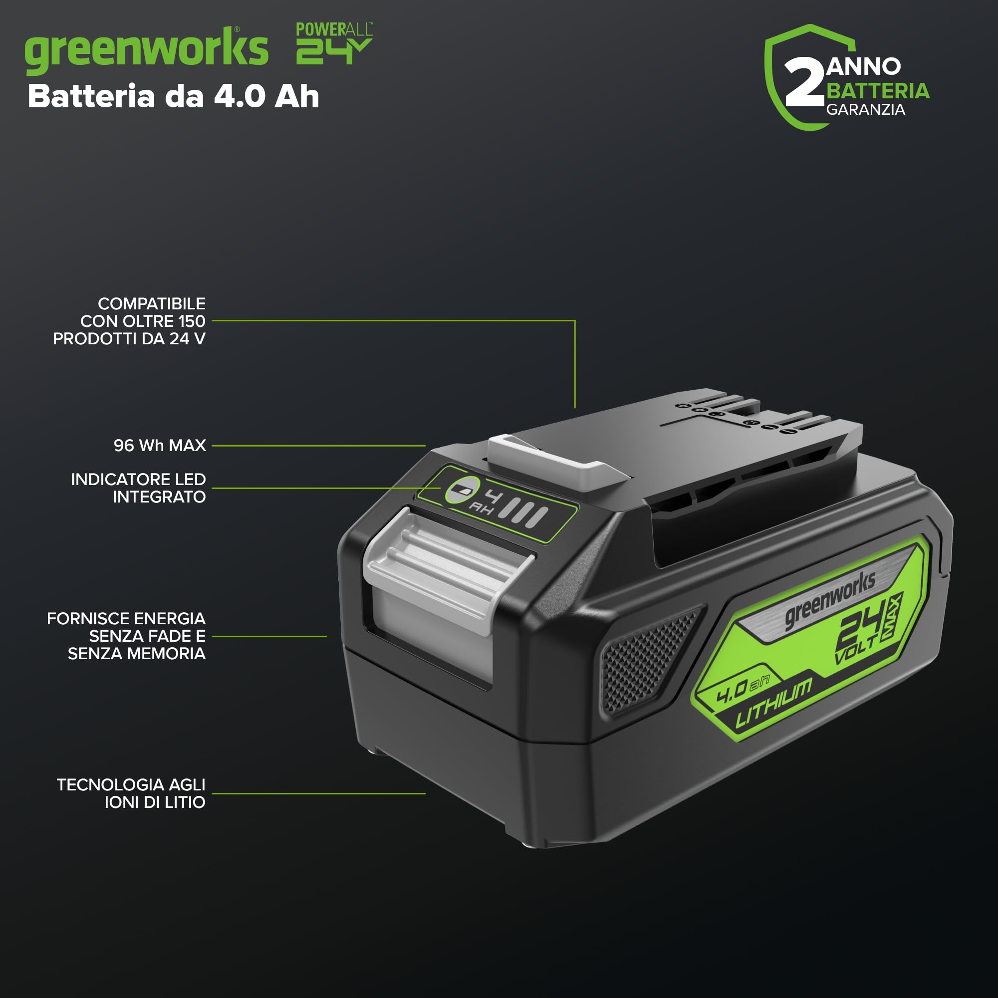 Greenworks Batteria 24V 4Ah - Potente Batteria per Tutti gli Attrezzi da Giardino 24V, Batteria Ricaricabile agli Ioni di Litio, Ricarica Veloce, Indicatore LED di Ricarica, Garanzia 2 Anni - G24B4
