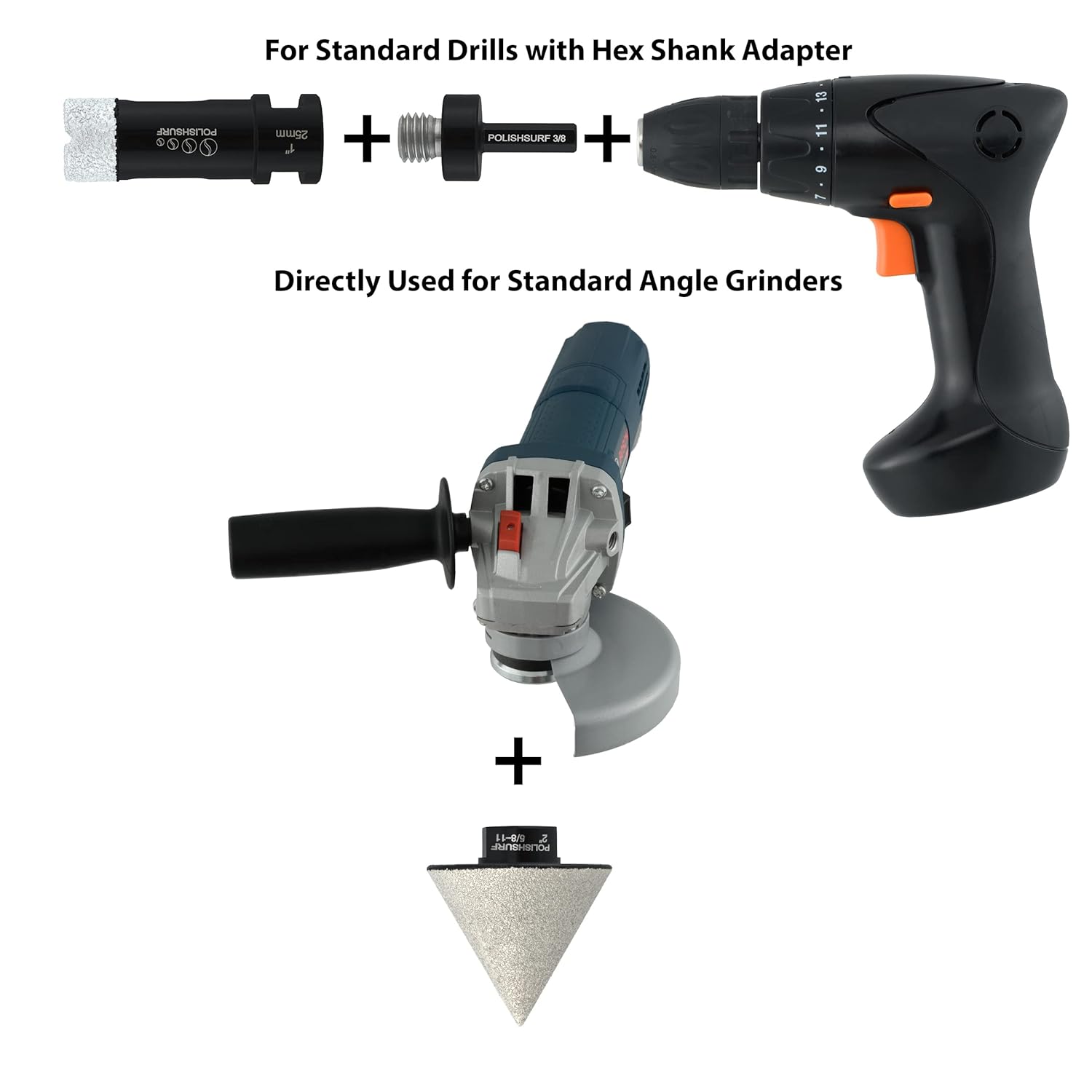 Diamond Core Drill Bits 1 Inch and Beveling Chamfer Bits 2 Inch Kit Vacuum Brazed Hole Saw with 5/8-11 Thread Plus 3/8 Inch Hex Shank Adapter (Set-1 with 1" (25mm) Diamond Drill Bit)