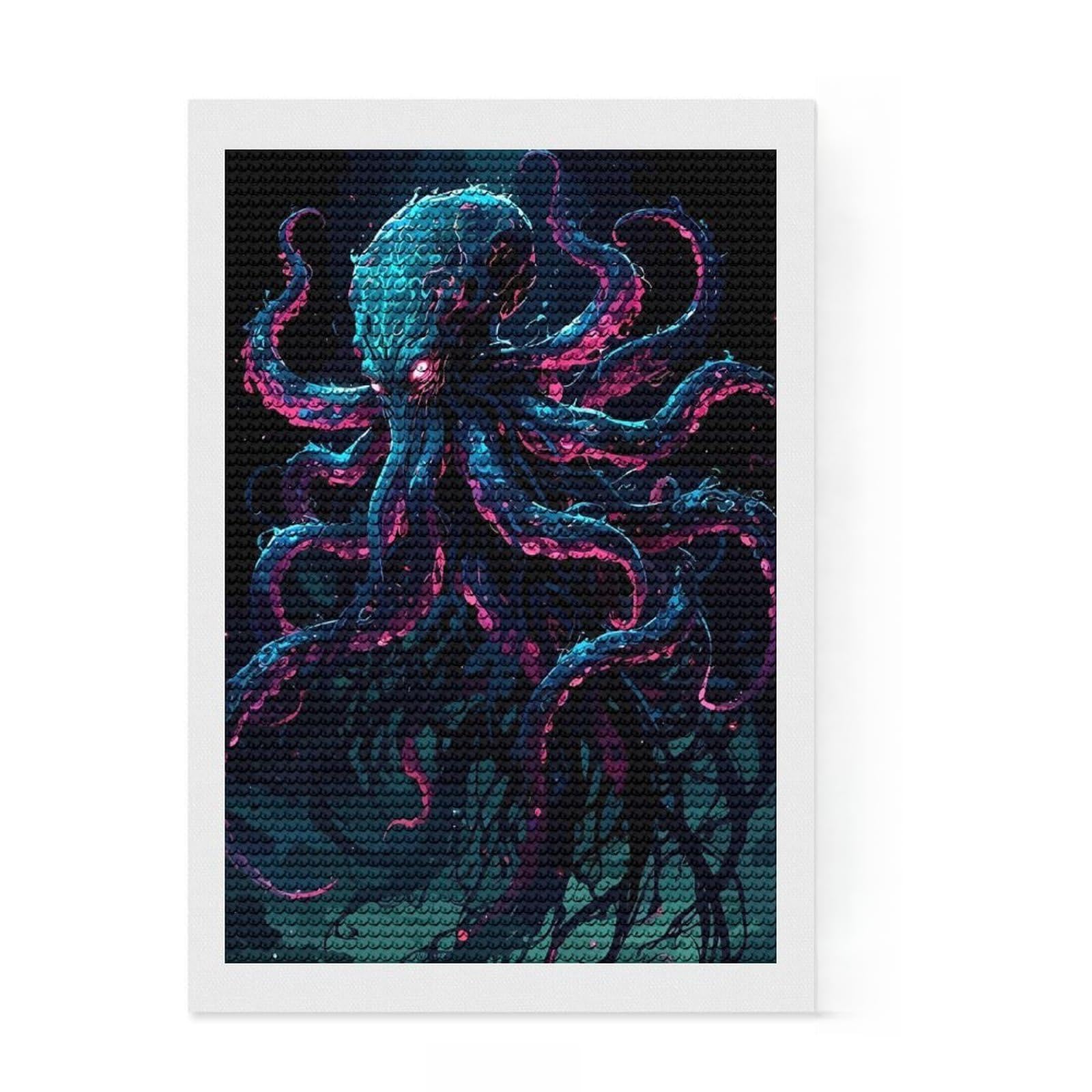 Junmoney Neon Octopus Fantasy Creature Illustration Diamond Art Kit 8"x12", Home Wall Decor, for Creative Relaxation, Mindful Craft Activity, Thoughtful Handmade Gift