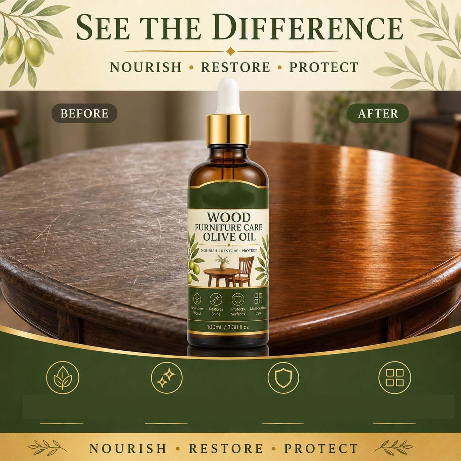 Olio nutriente idratante per la cura dei mobili in legno con oli d'oliva, olio essenziale per la cura dei mobili, lucidante e detergente per mobili, balsamo rivitalizzante e protettivo e spray per