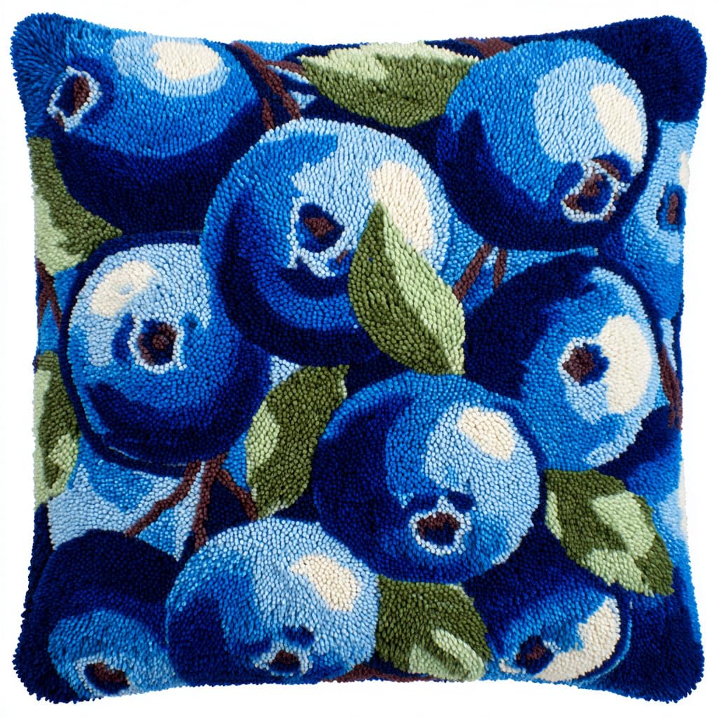 Henypt Latch Hook Kits Blue Fruit Pillow Cover DIY Crochet Hook Cushion Rug Making Kits with Printed Pattern Canvas Needlework Hooking Adorment 43x43cm