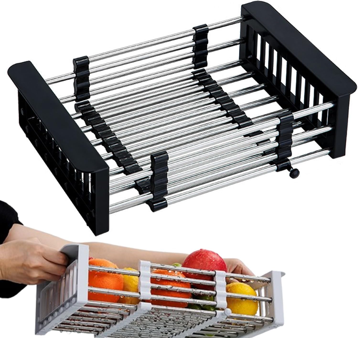 Scolapiatti Regolabile per lavello da Cucina, cestello di scolo Estensibile in Acciaio Inox per Frutta e Verdura, Nero, Piccolo (Large)