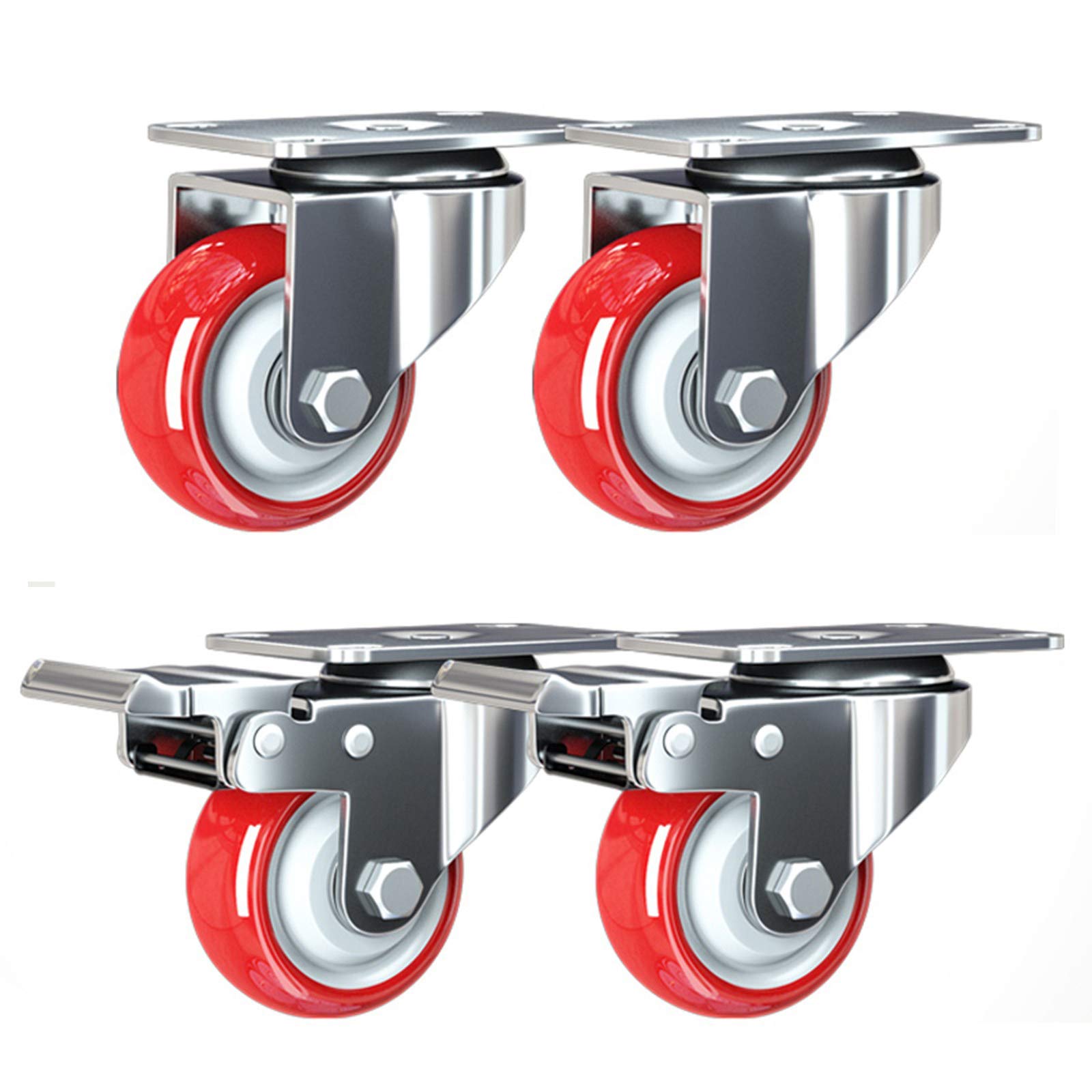 Ruote girevoli per mobili Resistenti, Portata 180 kg, Ruote piroettanti in Poliuretano Rosso con Piastra, Diametro 4" (100 mm), Ruote piroettanti con Freno per carrelli e mobili.