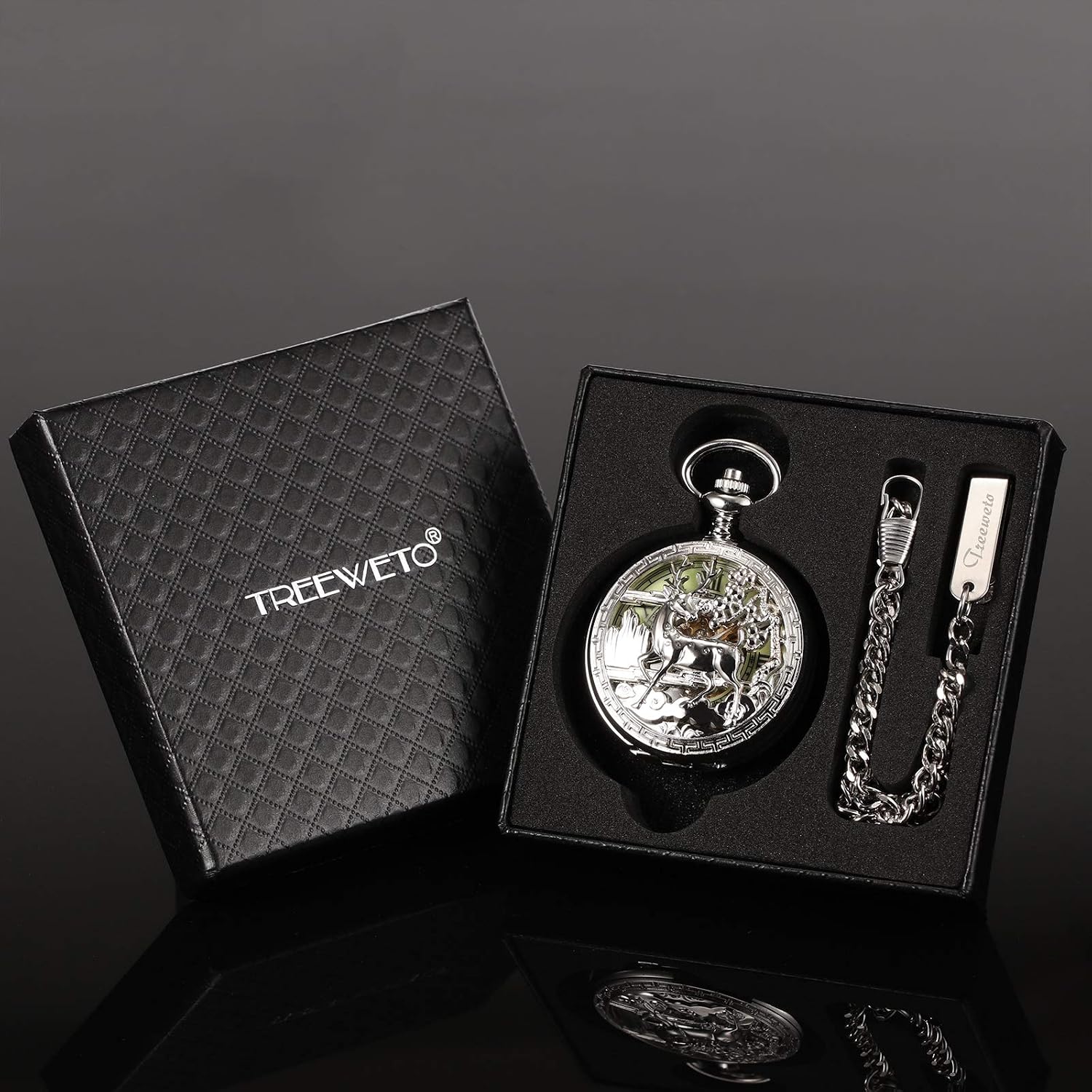 TREEWETO Mens Pocket Watch Vintage Mechanical Reindeer Silver Double Cover Luminous Dial Watches for Men Husband Father Birthday Gift