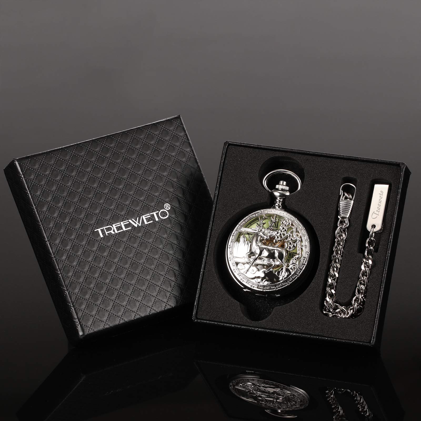TREEWETO Montre gousset unisexe mécanique double couverture, renne cerf lumineux, squelette steampunk pour homme et femme