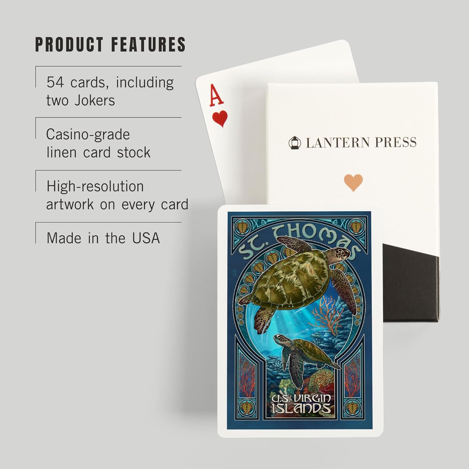 Lantern Press St. Thomas, U.S. Virgin Islands, Sea Turtle Art Nouveau, 52 Playing Cards for Adults, Poker Size Card Deck