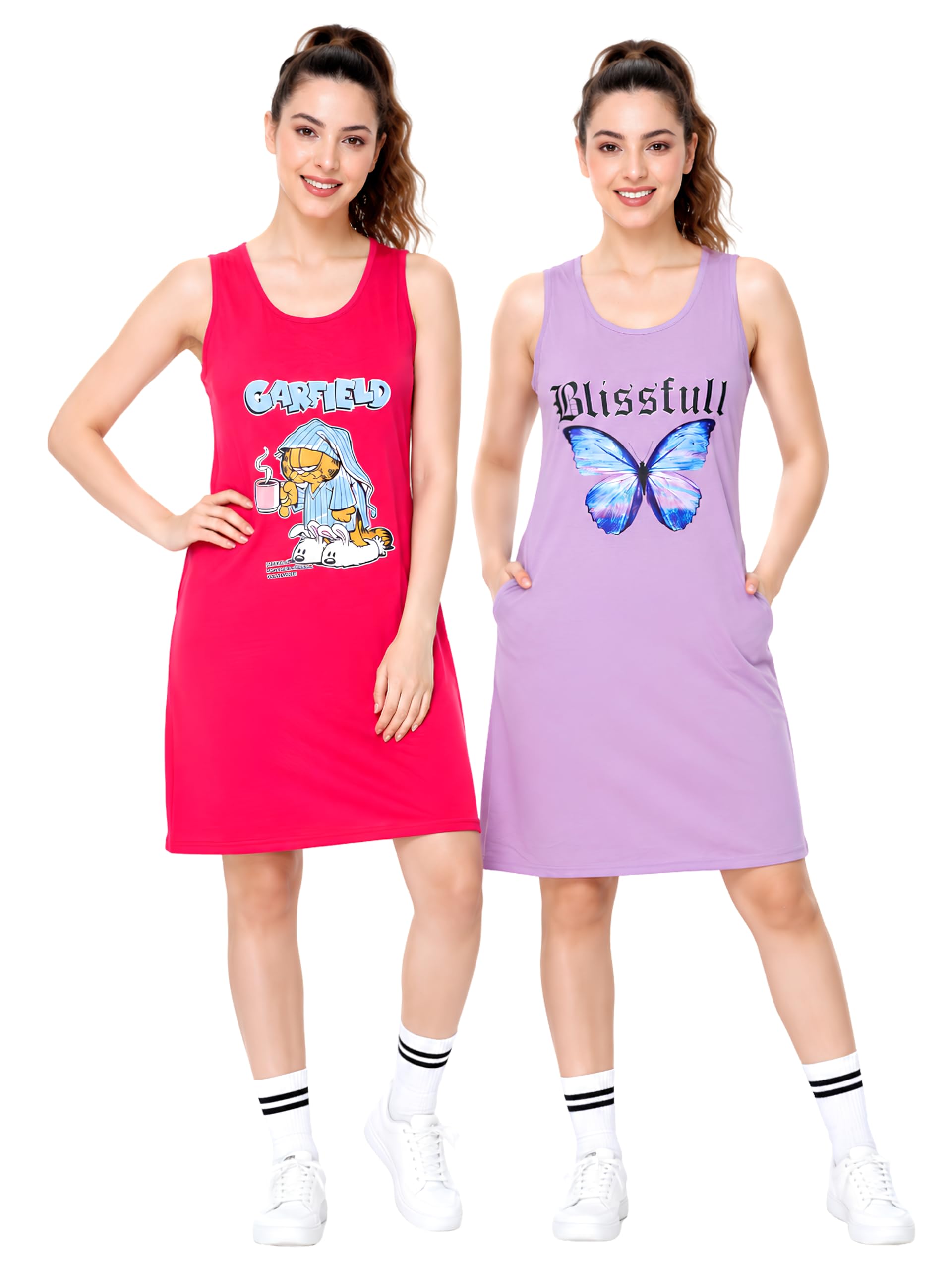 Cotton Night Dress Knee Length for Women Nighty with Pocket Long Night Dress for Woman's Sleeveless Sleepwear for Woman Sleeveless Long T-Shirts for Female (Pack of 2)-image-23