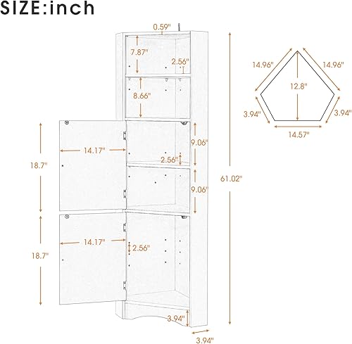 Miniatura 2 de Knocbel Armario de almacenamiento de piso de esquina de baño de 61 pulgadas de alto con 2 puertas y estantes ajustables, unidad organizadora