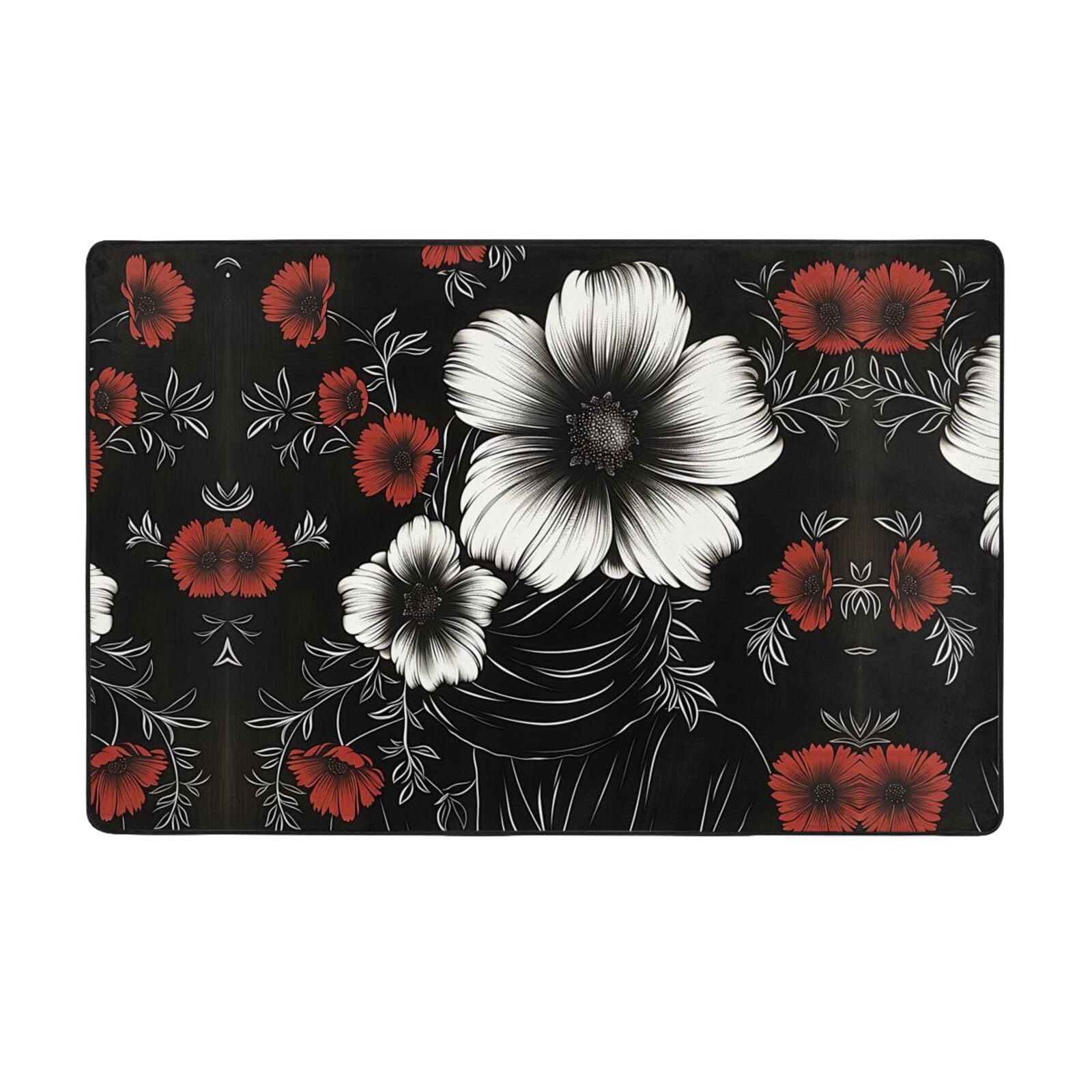 Tapis en peluche noir à imprimé floral 152x99 cm avec mousse à mémoire de forme