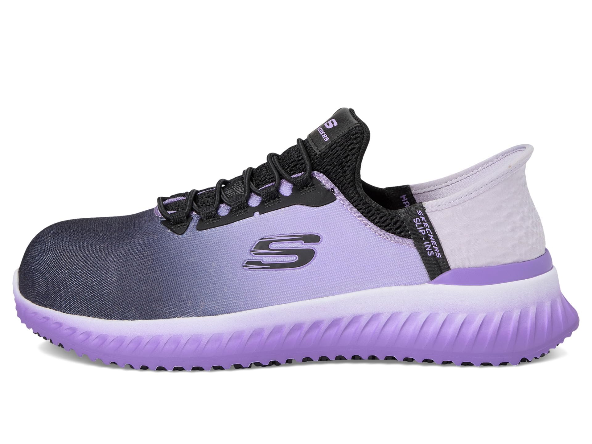 Skechers Damskie wsuwane buty robocze: Tilido - Ombray antypoślizgowe trampki bungee, Czarny/fioletowy, 40 EU