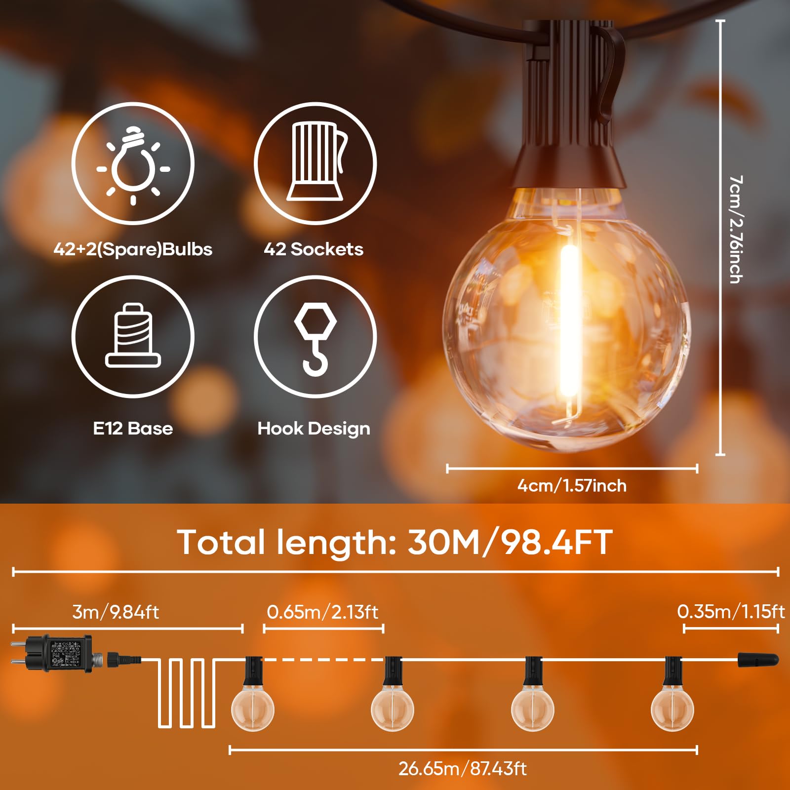 Hoteril Catena Luci da Esterno Giardino-30M, G40 Catena Luminosa Esterno: 42+2 Lampadine, Temperatura Colore 2200K, Alimentazione a Spina, Ideale per Pergolato da Giardini, Gazebo, Balcone, Campeggio