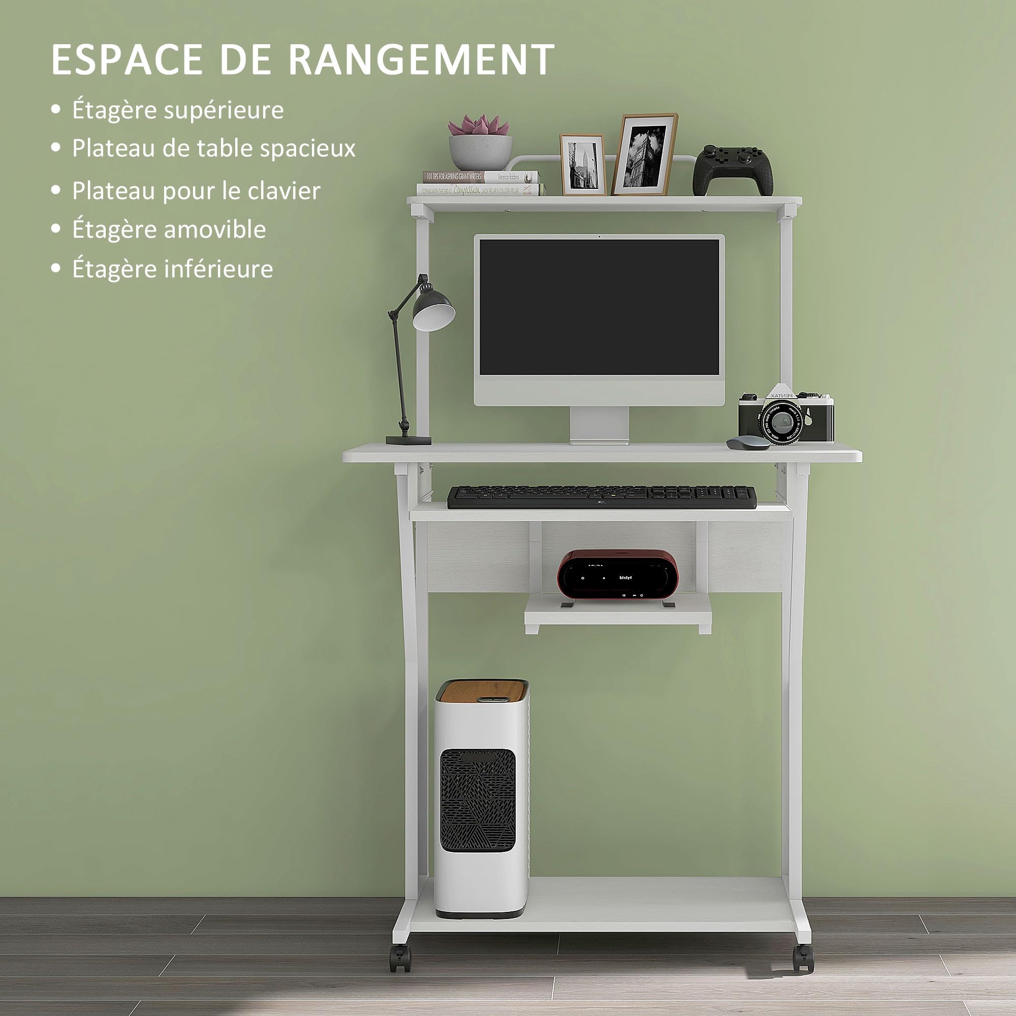 HOMCOM Bureau d'Ordinateur avec Rangement Roulant 80 x 50 x 130 cm Blanc