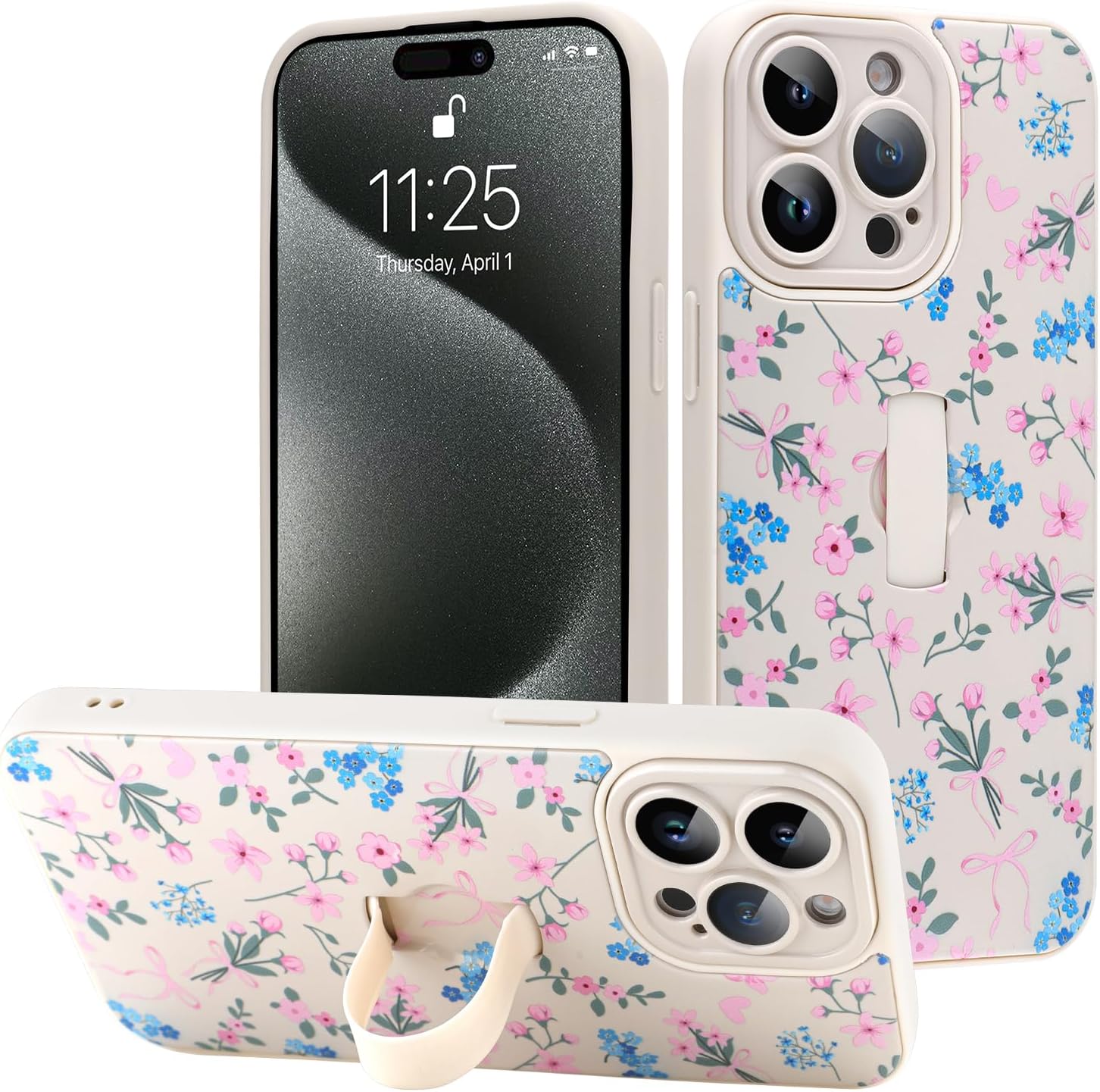 LEOMAKRON for iPhone 15 Pro Max Case with Finger Strap Kickstand,Cute Pink Flower Heart Bowknot Pattern for Women Girls,Full Camera Protection Aesthetic Shockproof TPU Design,White
