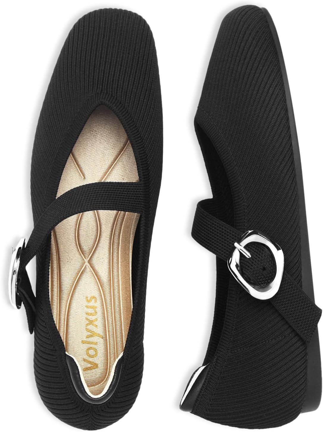 Women's Mary Jane Flats Shoes Square Toe Ballet Flats Comfortable Dressy Knit Flats with Strap Slip On Washable Casual Office Shoes
