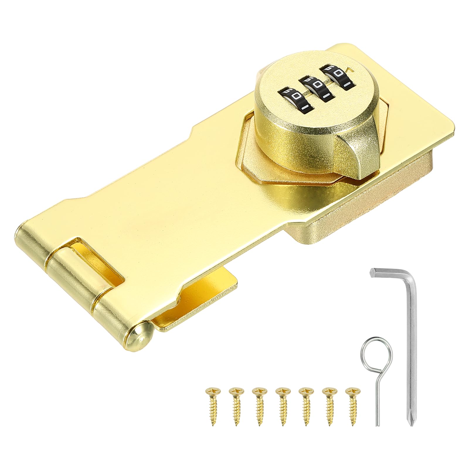Defanex Keyless Cabinet Lock with Combination Code (4.5 Inch) - 3-Digit Password Hasp Latch Lock Mechanical Password Rotary Hasp, for Drawer Closet Cupboard Fence Door, Gold Tone
