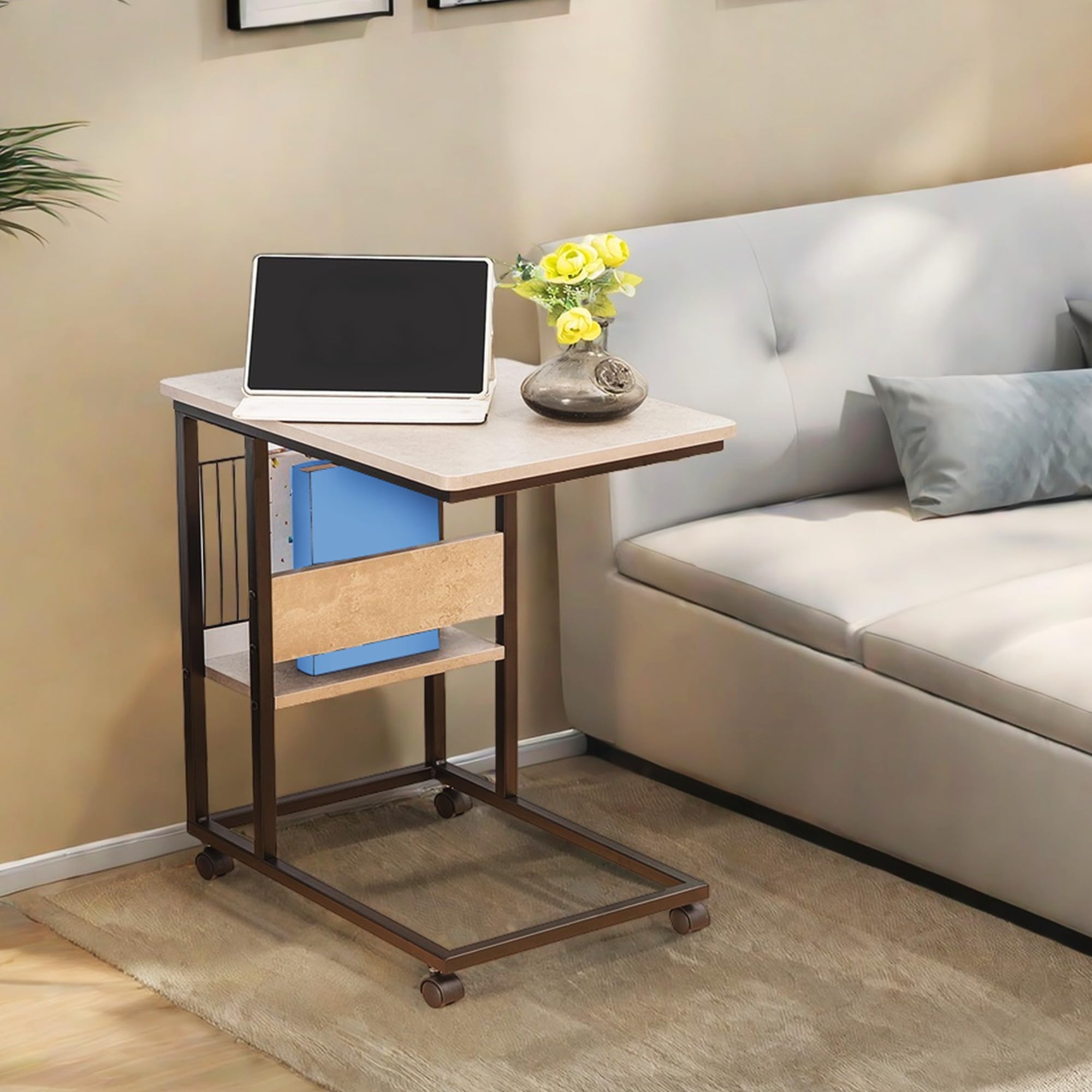 JJS Side End C Table with Magazine Holder for Sofa, Living Room Couch Table Snack Table That Slide Under for Small Spaces, Cement/Black