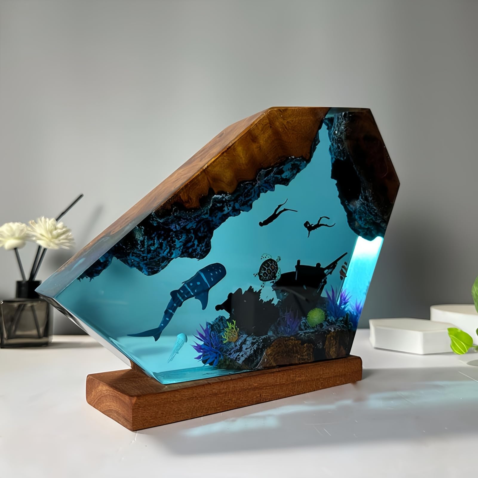 Drawelry Luce Notte Resina Epossidica Paesaggio Sottomarino 3D Artigianale, Decorazion Casa Base Legno, Mini Acquario Marino con Animali Marini Lampada per Cameretta Soggiorno Ufficio (A5)