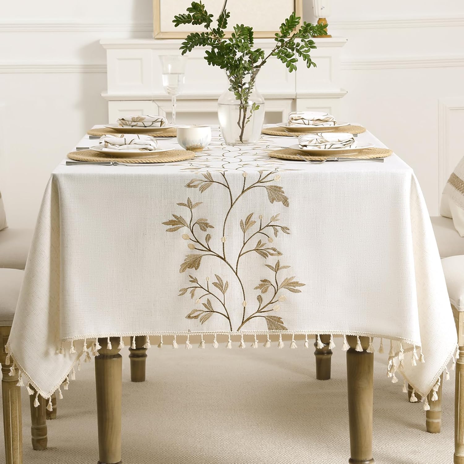 MONKDECOR Embroidered Dining Table Cover with Tassel Fringe | Premium Cotton Linen Blend Table Cloth with Floral Vine Design | Dustproof Decorative Cover for 8 Seater Tables | 60x108 Inch. Tree-picture-11